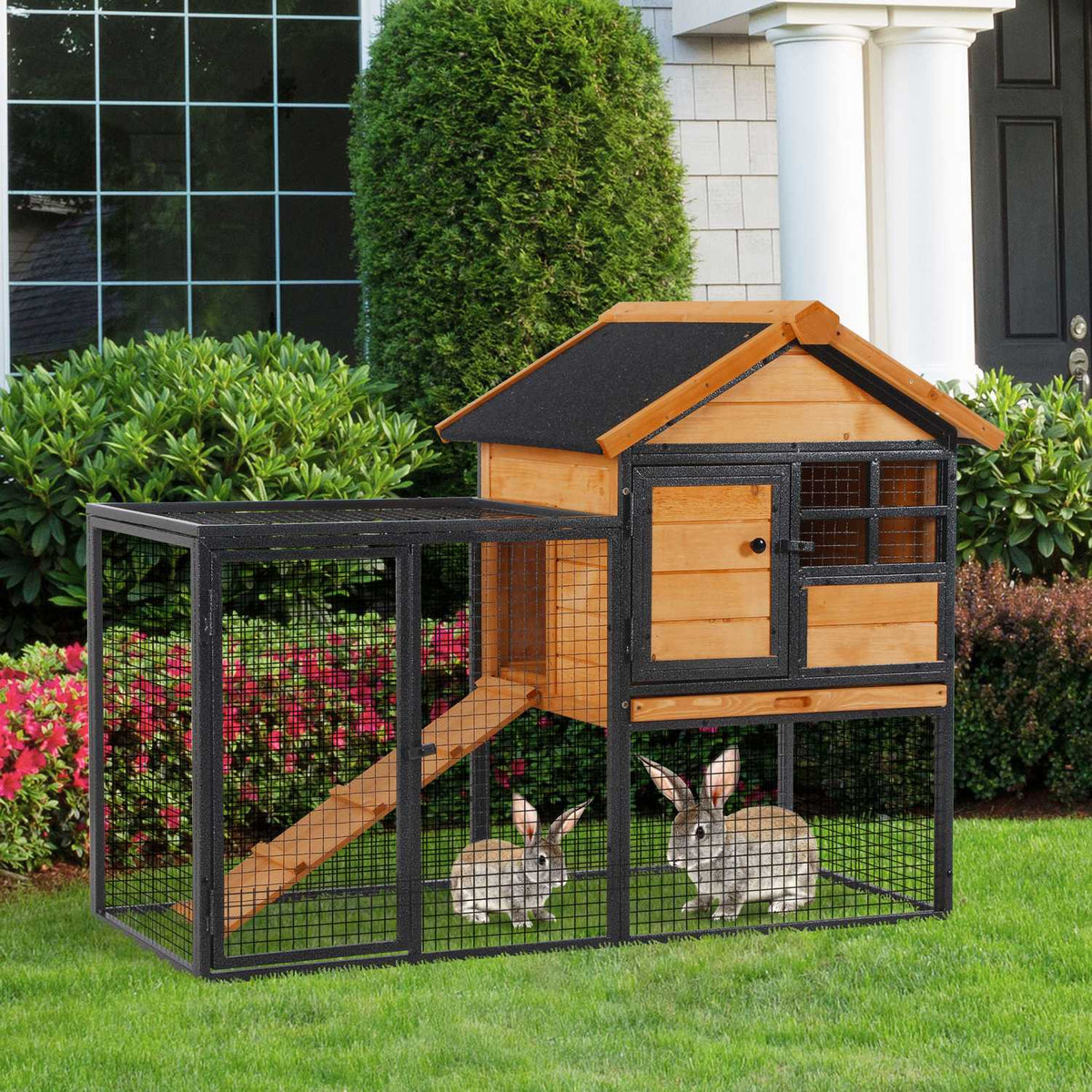 Rabbit Hutch Raised Pet House with Lockable Door, Outdoor, Wood-Metal, Light Yellow, 122x63x92cm