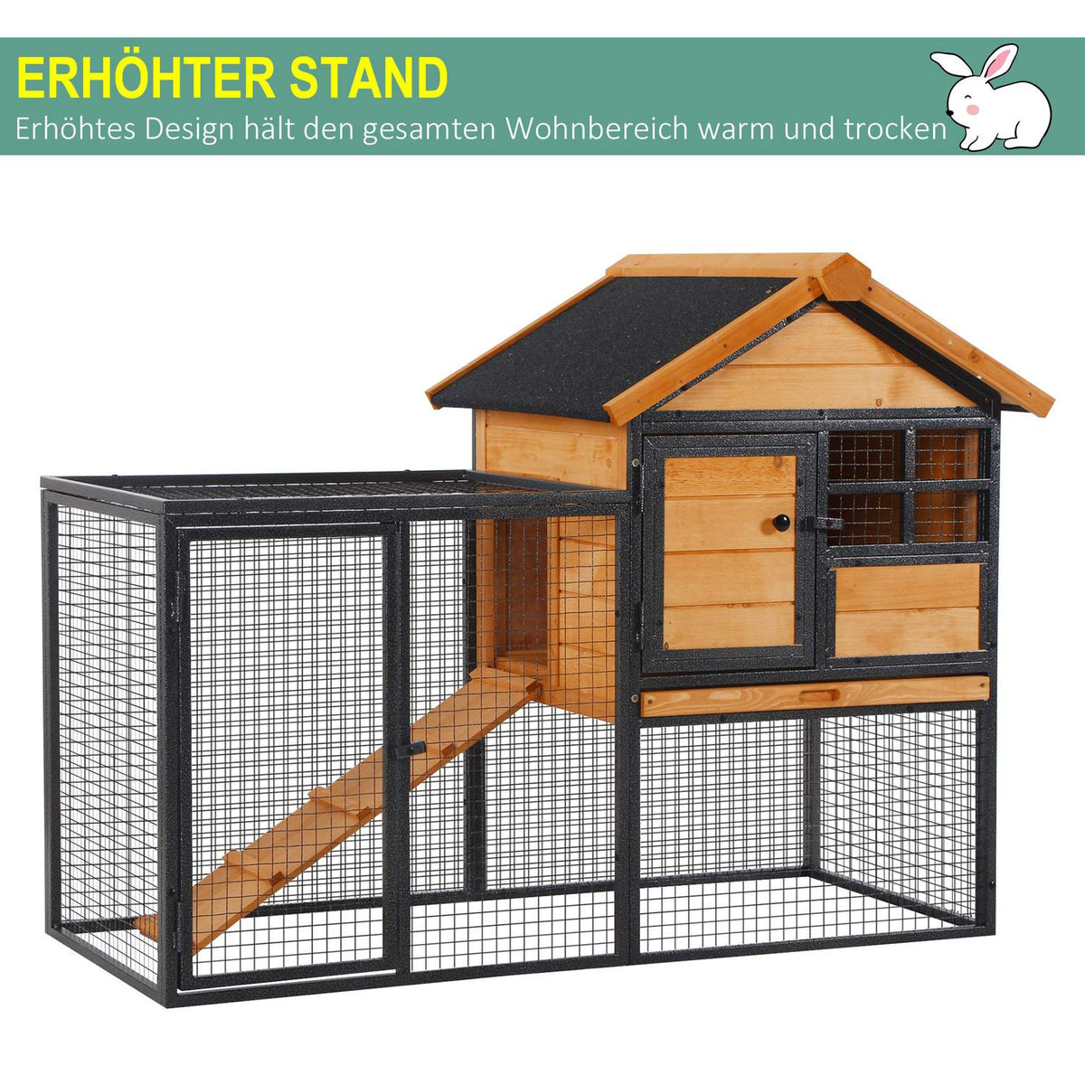 Rabbit Hutch Raised Pet House with Lockable Door, Outdoor, Wood-Metal, Light Yellow, 122x63x92cm
