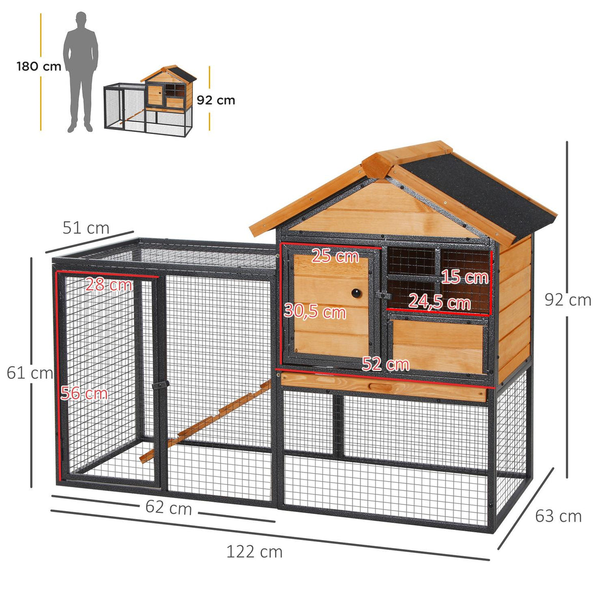 Rabbit Hutch Raised Pet House with Lockable Door, Outdoor, Wood-Metal, Light Yellow, 122x63x92cm