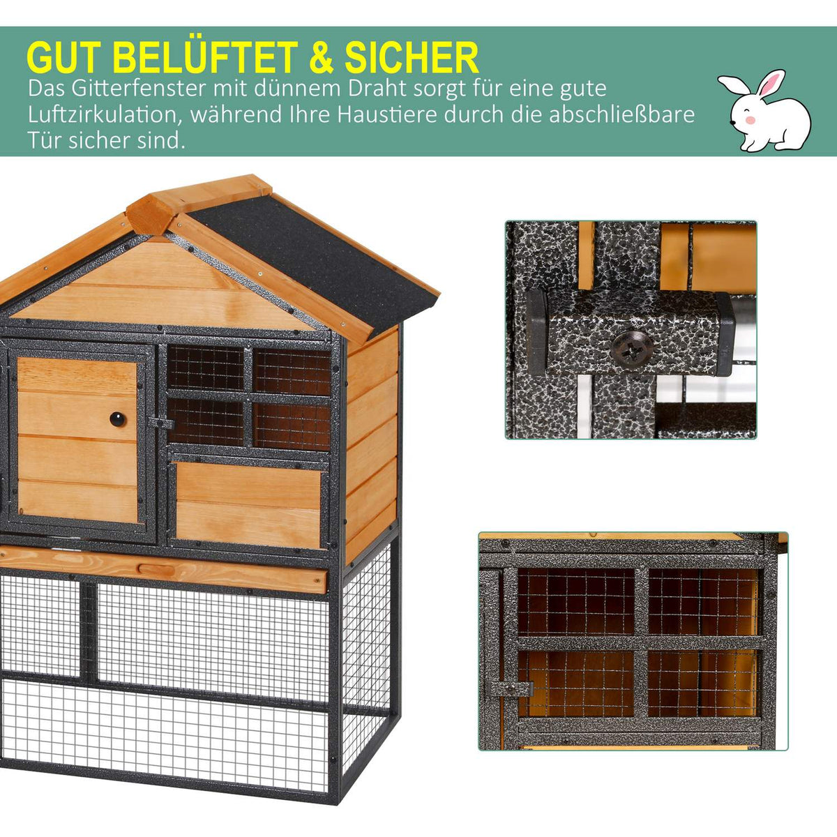 Rabbit Hutch Raised Pet House with Lockable Door, Outdoor, Wood-Metal, Light Yellow, 122x63x92cm