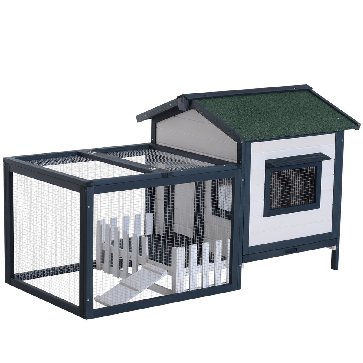 Rabbit Hutch Small Animal Cage 151 X 78 X 84.5 Cm With Outdoor Enclosure Ramp Green White