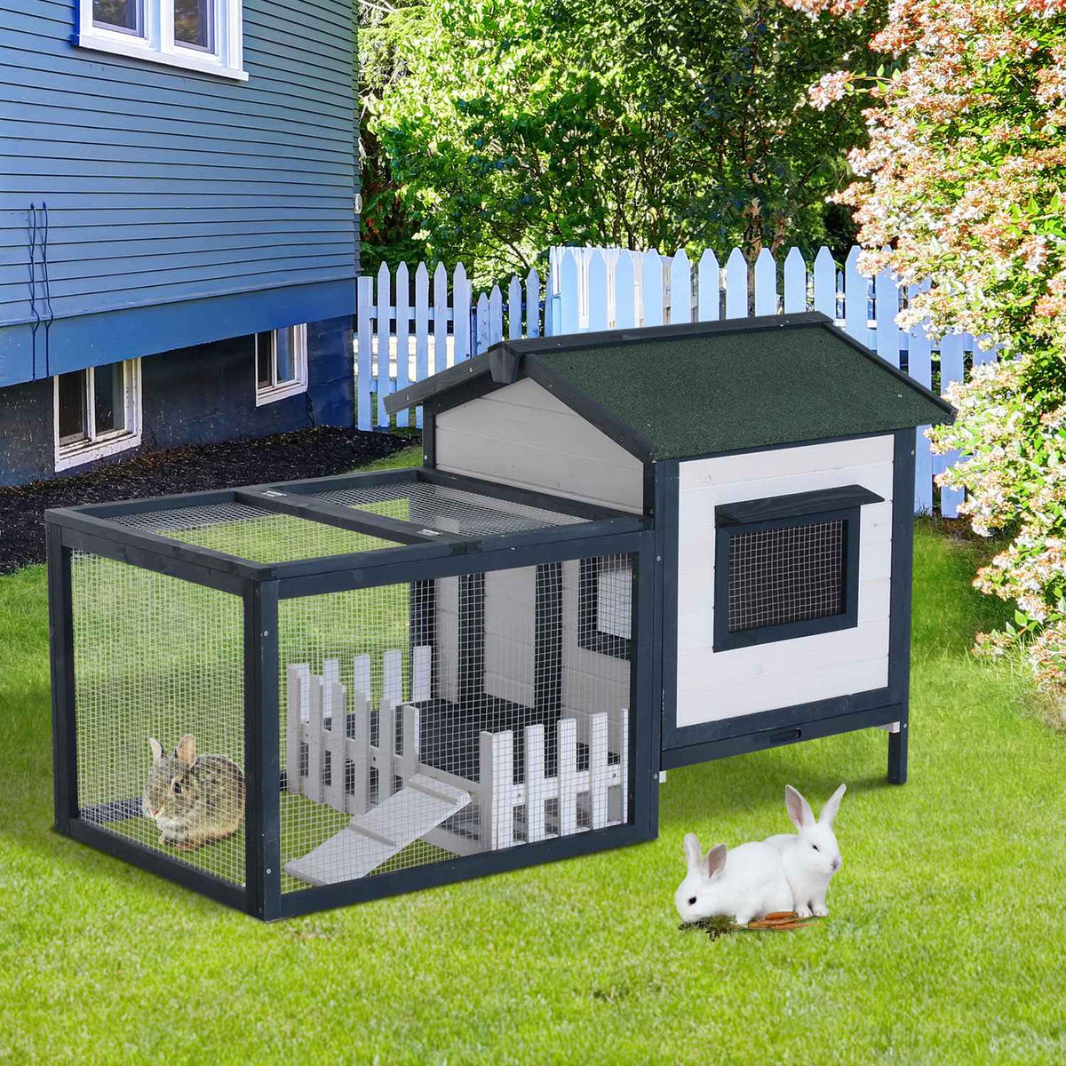 Rabbit Hutch Small Animal Cage 151 X 78 X 84.5 Cm With Outdoor Enclosure Ramp Green White