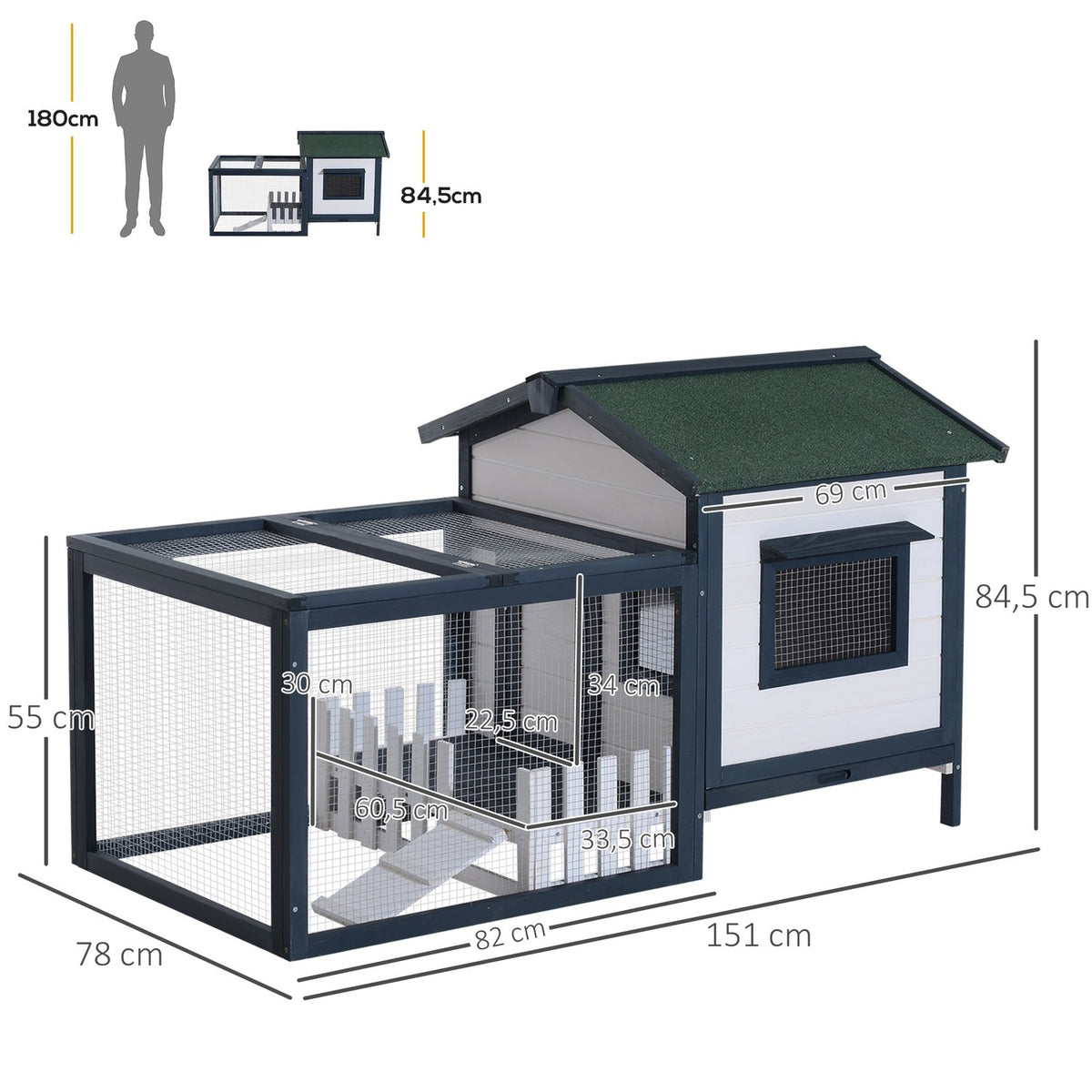 Rabbit Hutch Small Animal Cage 151 X 78 X 84.5 Cm With Outdoor Enclosure Ramp Green White