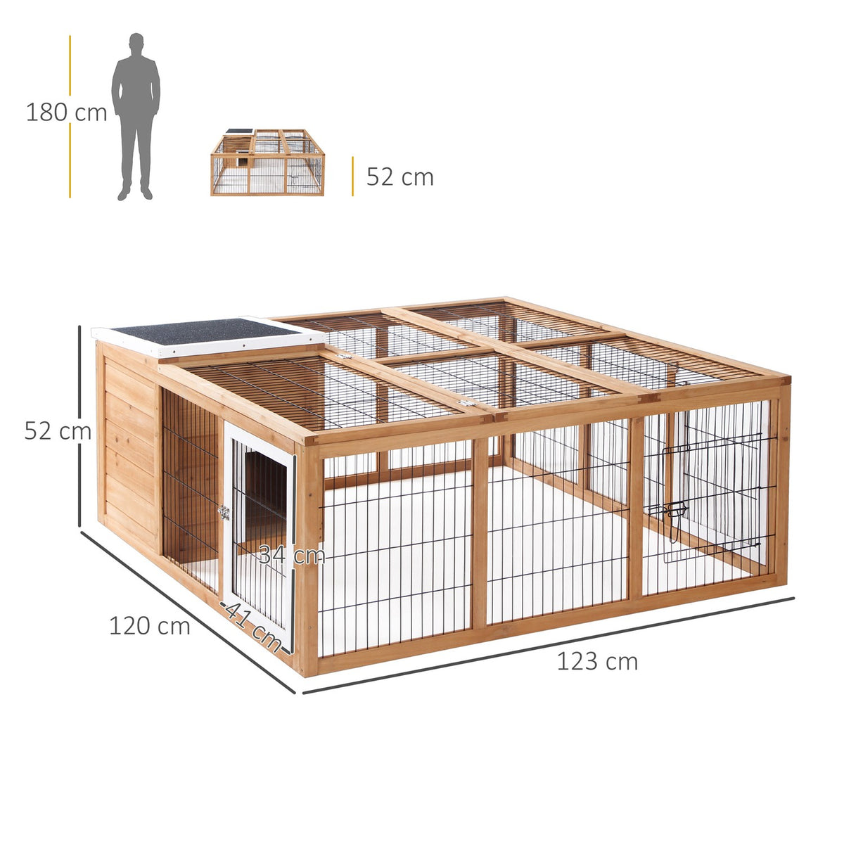 Rabbit Hutch Small Animal Enclosure 123 X 120 X 52 Cm With Opening Roof With Outdoor Enclosure Made Of Natural Fir Wood