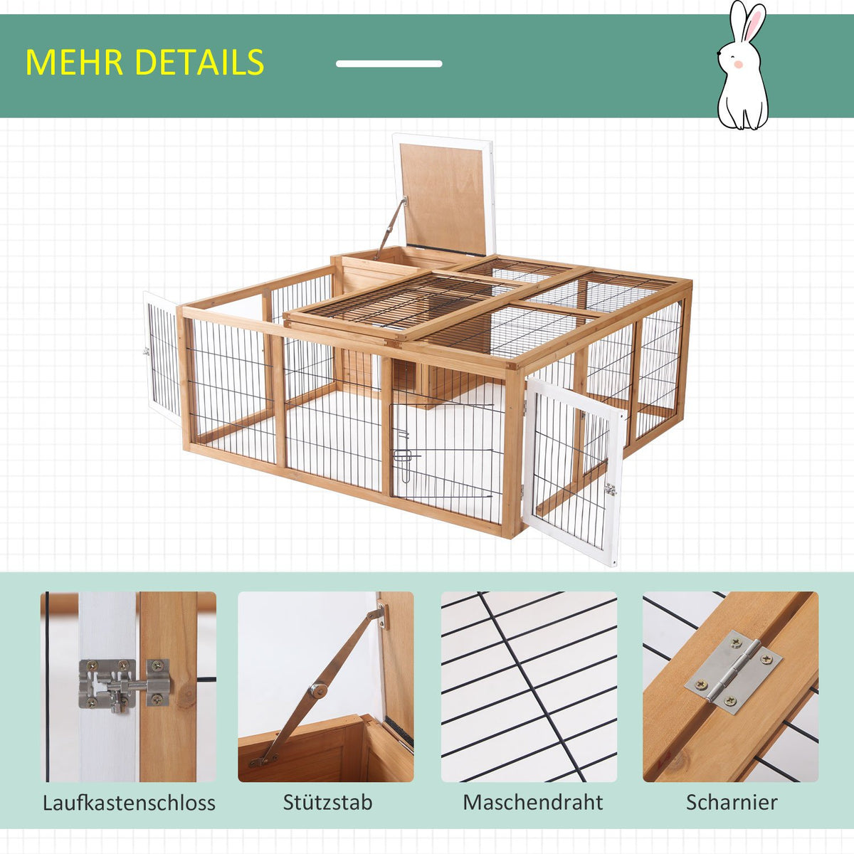 Rabbit Hutch Small Animal Enclosure 123 X 120 X 52 Cm With Opening Roof With Outdoor Enclosure Made Of Natural Fir Wood
