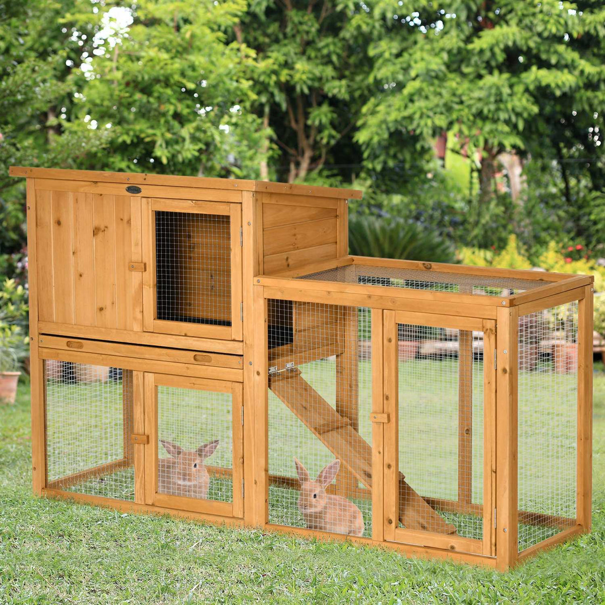 Rabbit Hutch Small Animal Hutch 141 X 60 X 86 Cm With Removable Floor Tray And Ramp Outdoor Indoor Fir Wood Orange
