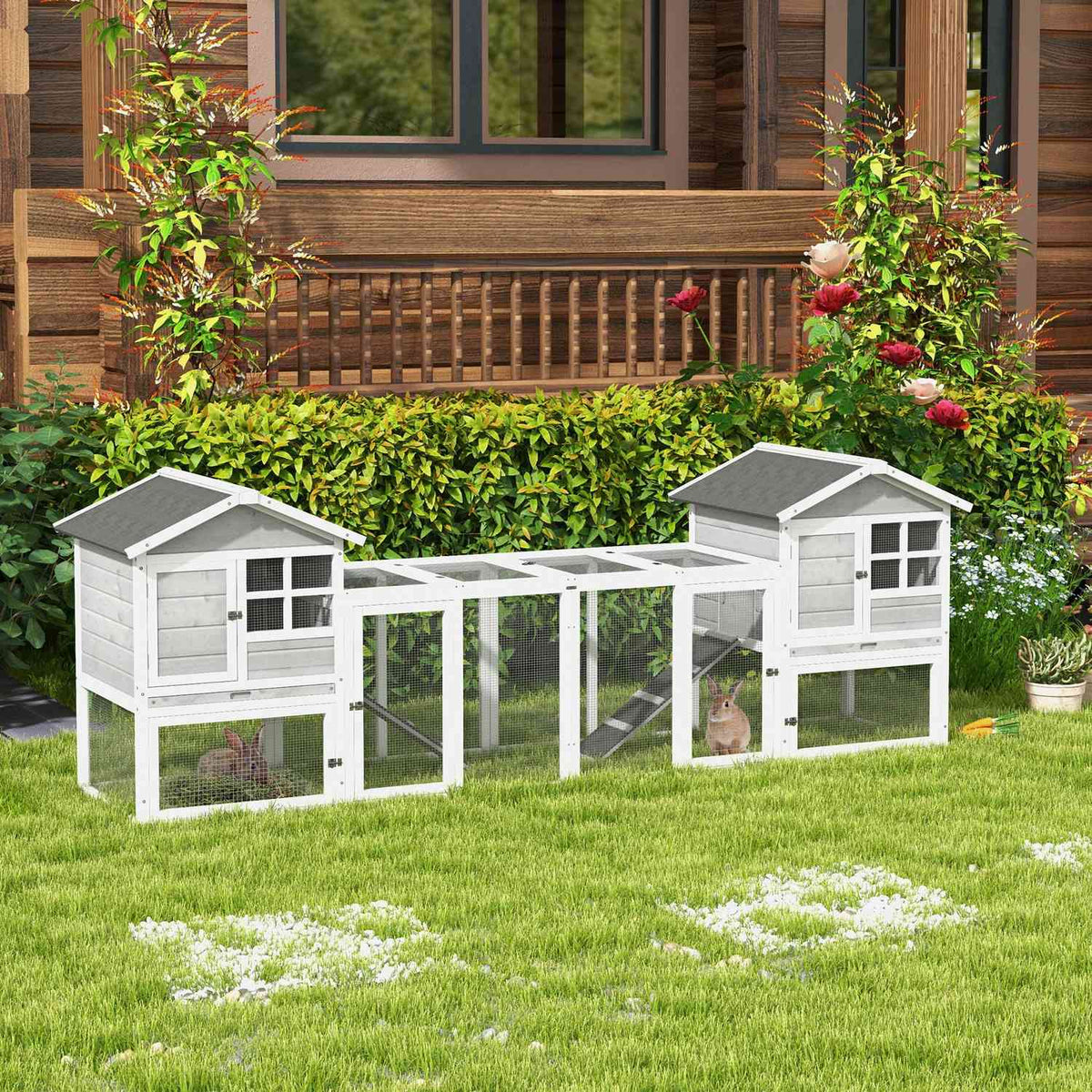 Rabbit Hutch Small Animal Hutch Made Of Wood Rabbit House With Outdoor Enclosure, Ramp, Small Animal House With Floor Tray, Small Animal Cage Gray