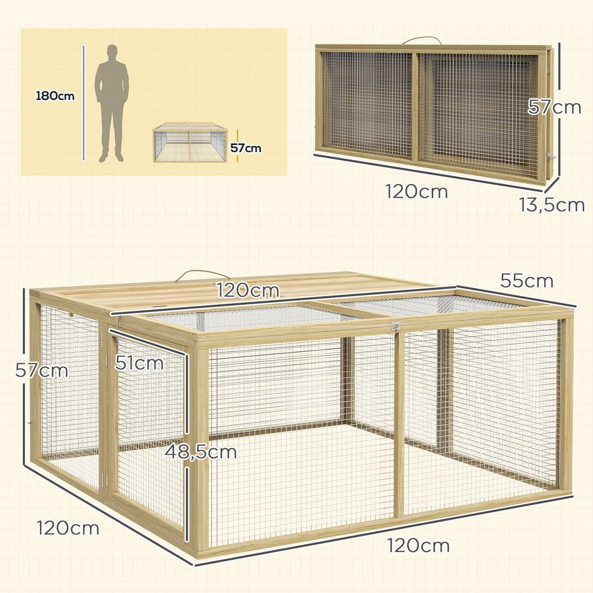 Rabbit Hutch Wooden Foldable Small Animal Hut Outdoor Run Open Roof Guinea Pig Natural 120X120X57Cm