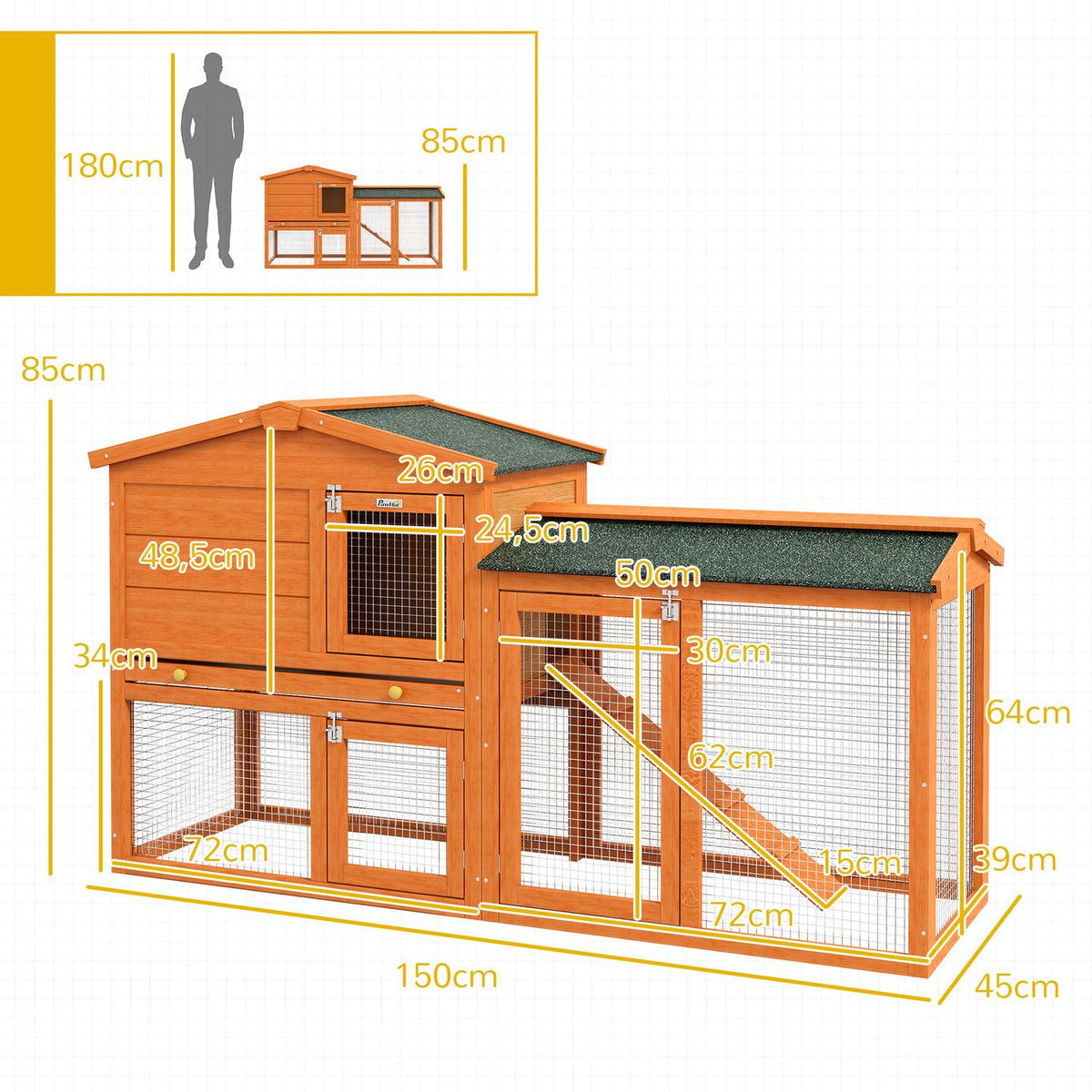 Rabbit hutch 2 levels, rabbit hutch made of fir wood, winterproof, double-decker house with outdoor enclosure, tub, ramp, 150 x 45 x 85 cm, rabbit cage, outdoor small animal hutch for rabbits, guinea pigs, orange