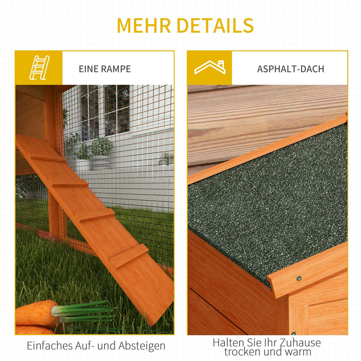 Rabbit hutch 2 levels, rabbit hutch made of fir wood, winterproof, double-decker house with outdoor enclosure, tub, ramp, 150 x 45 x 85 cm, rabbit cage, outdoor small animal hutch for rabbits, guinea pigs, orange