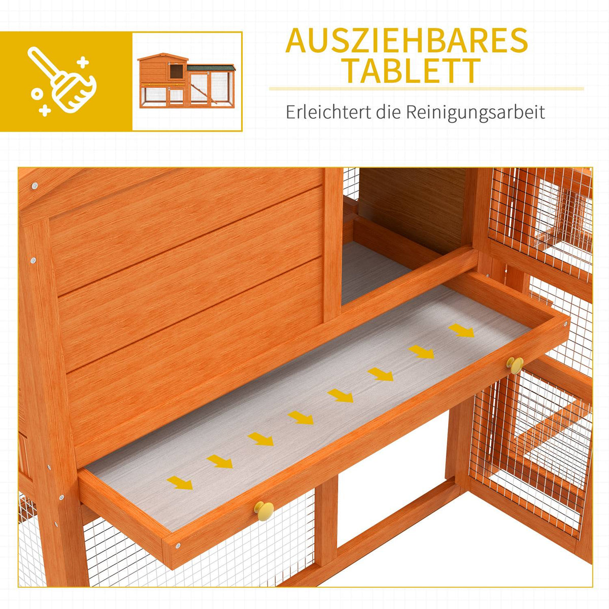 Rabbit hutch 2 levels, rabbit hutch made of fir wood, winterproof, double-decker house with outdoor enclosure, tub, ramp, 150 x 45 x 85 cm, rabbit cage, outdoor small animal hutch for rabbits, guinea pigs, orange