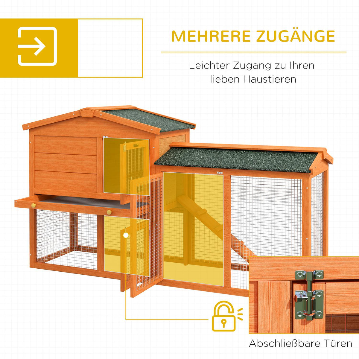 Rabbit hutch 2 levels, rabbit hutch made of fir wood, winterproof, double-decker house with outdoor enclosure, tub, ramp, 150 x 45 x 85 cm, rabbit cage, outdoor small animal hutch for rabbits, guinea pigs, orange