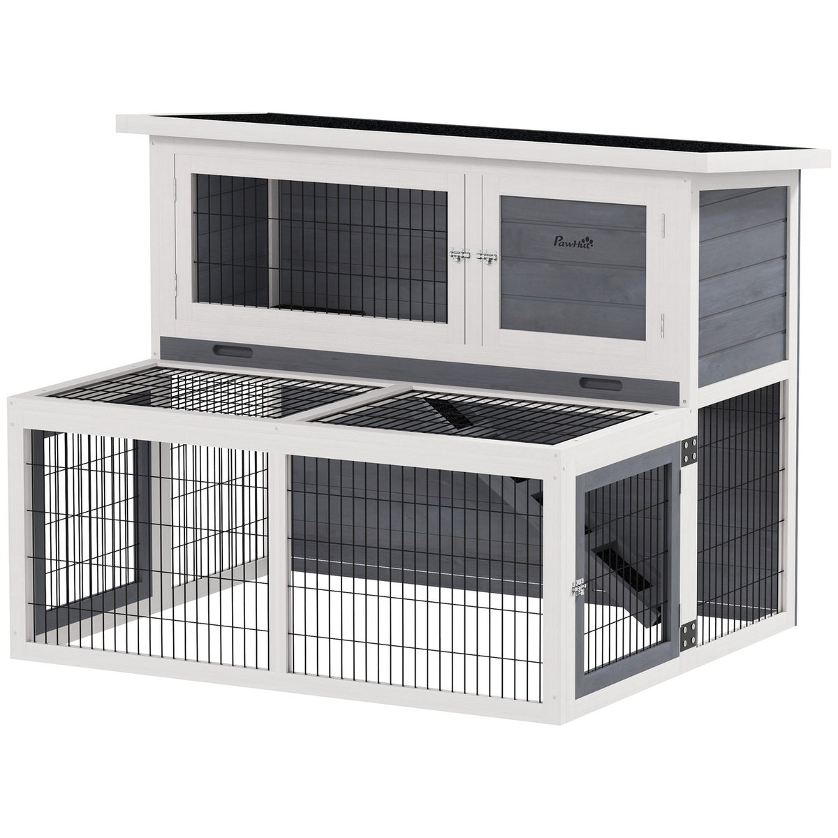 Rabbit hutch 2 levels with folding roof Rabbit hutch made of solid wood Winterproof double-decker house with outdoor enclosure 122x95x93.5 cm Rabbit cage Outdoor small animal hutch for rabbits Gray