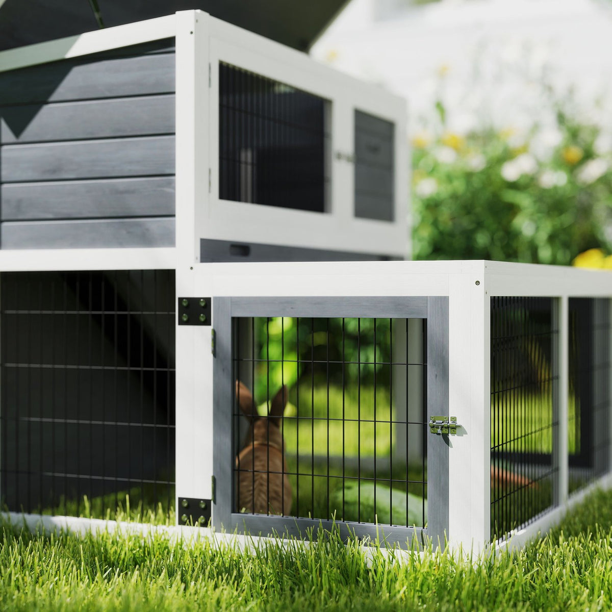 Rabbit hutch 2 levels with folding roof Rabbit hutch made of solid wood Winterproof double-decker house with outdoor enclosure 122x95x93.5 cm Rabbit cage Outdoor small animal hutch for rabbits Gray