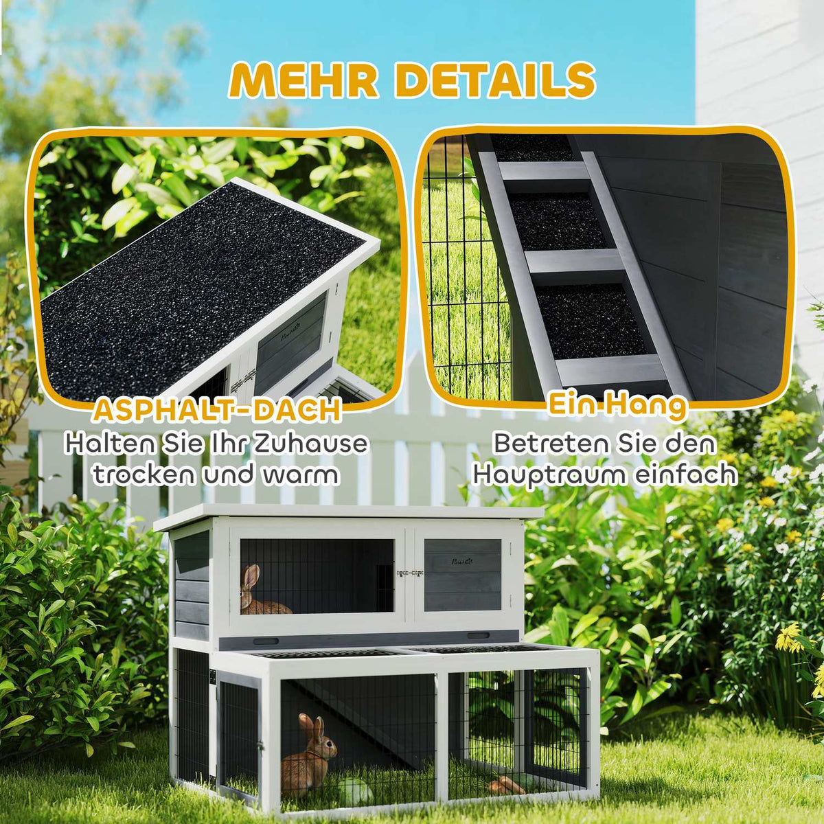 Rabbit hutch 2 levels with folding roof Rabbit hutch made of solid wood Winterproof double-decker house with outdoor enclosure 122x95x93.5 cm Rabbit cage Outdoor small animal hutch for rabbits Gray