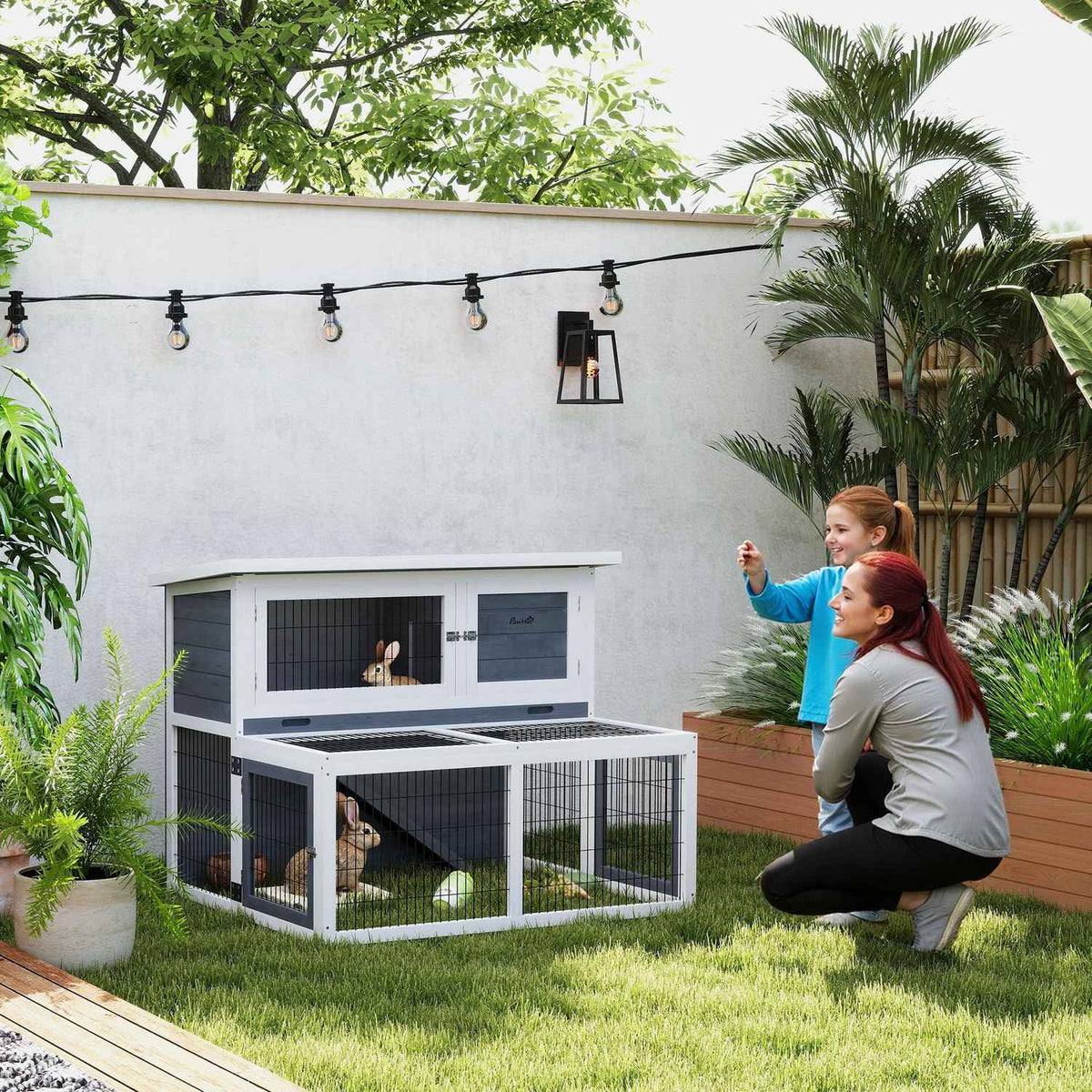 Rabbit hutch 2 levels with folding roof Rabbit hutch made of solid wood Winterproof double-decker house with outdoor enclosure 122x95x93.5 cm Rabbit cage Outdoor small animal hutch for rabbits Gray