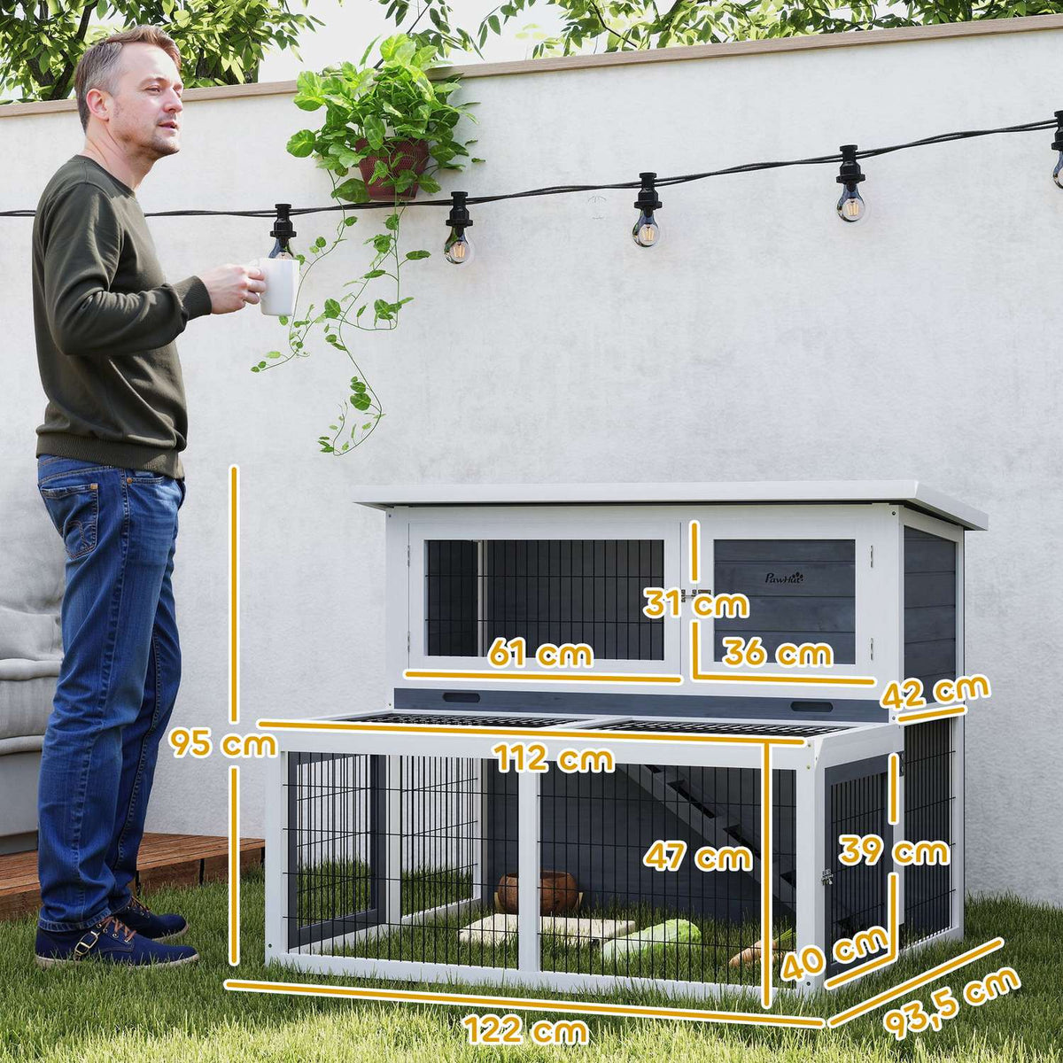 Rabbit hutch 2 levels with folding roof Rabbit hutch made of solid wood Winterproof double-decker house with outdoor enclosure 122x95x93.5 cm Rabbit cage Outdoor small animal hutch for rabbits Gray