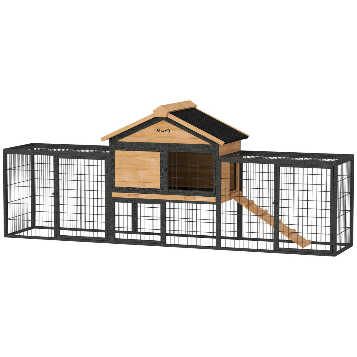 Rabbit hutch 2 levels with gable roof Rabbit hutch made of solid wood Winterproof Double-decker house with outdoor enclosure 217x53x86 cm Rabbit cage Outdoor small animal hutch for rabbits Yellow
