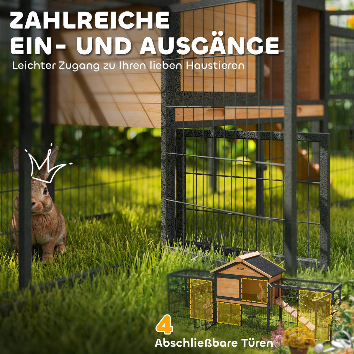 Rabbit hutch 2 levels with gable roof Rabbit hutch made of solid wood Winterproof Double-decker house with outdoor enclosure 217x53x86 cm Rabbit cage Outdoor small animal hutch for rabbits Yellow