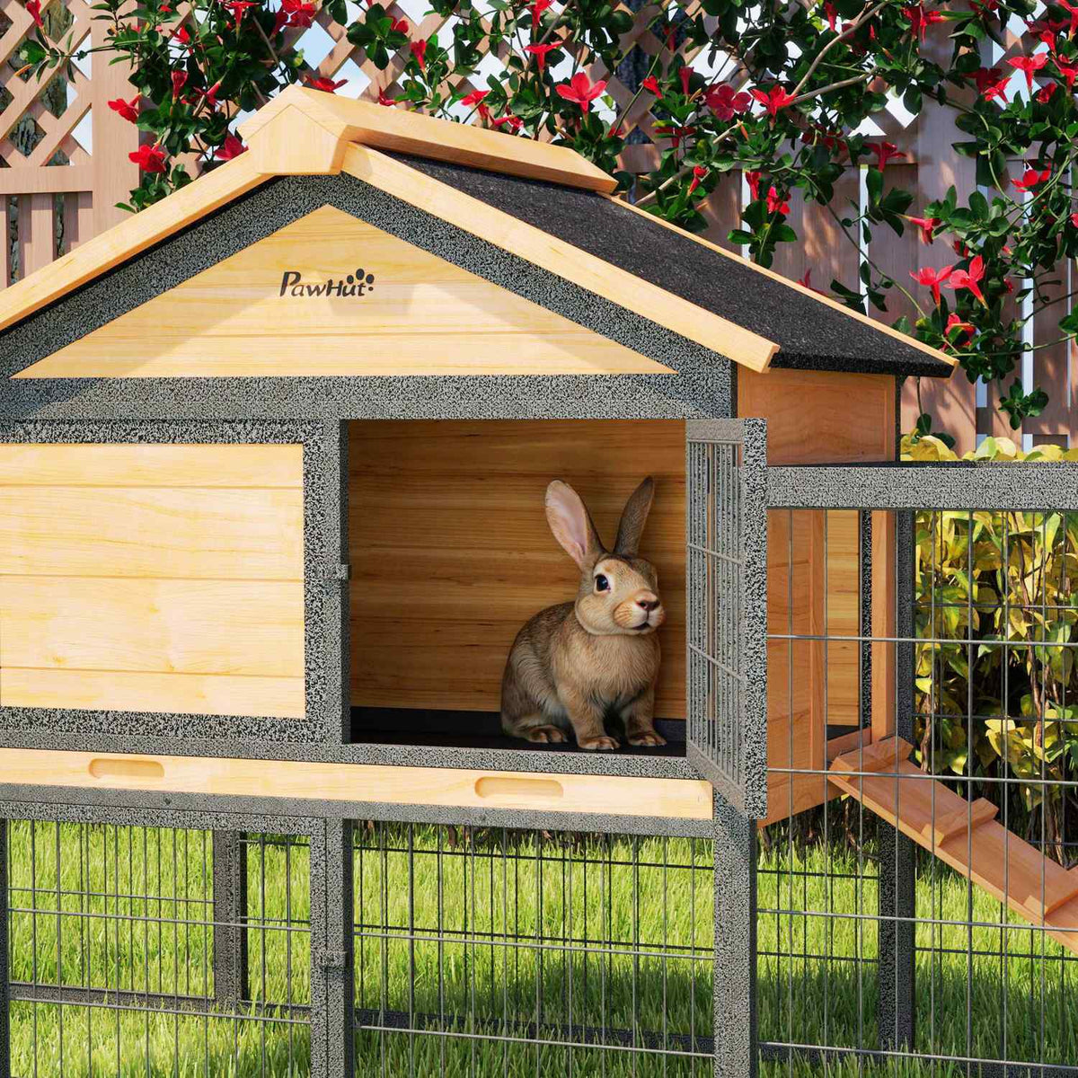 Rabbit hutch 2 levels with gable roof Rabbit hutch made of solid wood Winterproof Double-decker house with outdoor enclosure 217x53x86 cm Rabbit cage Outdoor small animal hutch for rabbits Yellow