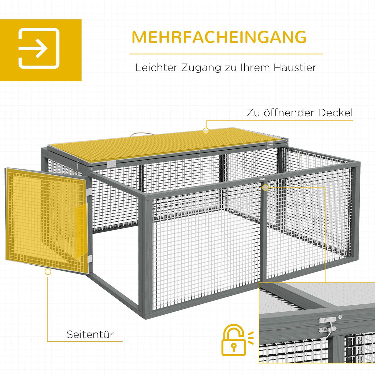 Rabbit hutch for dwarf rabbits made of wood, foldable small animal hutch with free-range enclosure, dwarf rabbit hutch with folding roof handle for guinea pigs, natural, 110 x 105 x 50 cm