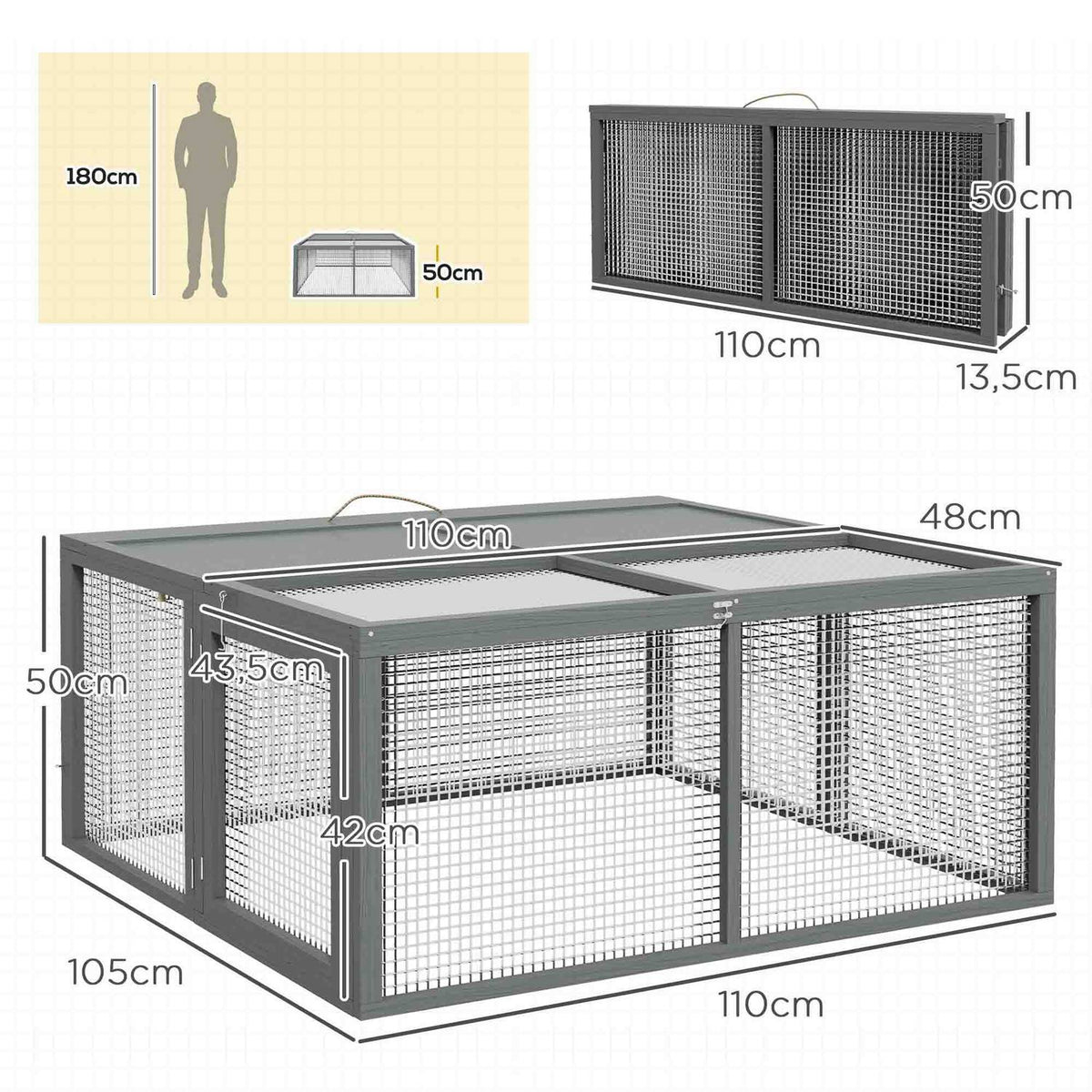 Rabbit hutch for dwarf rabbits made of wood, foldable small animal hutch with free-range enclosure, dwarf rabbit hutch with folding roof handle for guinea pigs, natural, 110 x 105 x 50 cm