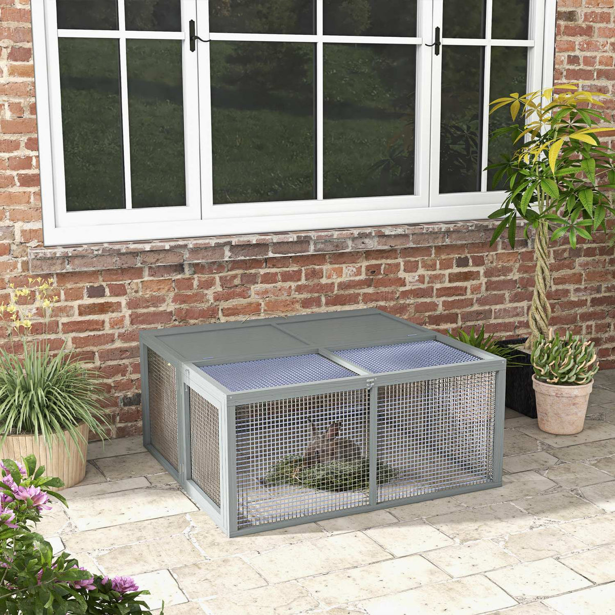 Rabbit hutch for dwarf rabbits made of wood, foldable small animal hutch with free-range enclosure, dwarf rabbit hutch with folding roof handle for guinea pigs, natural, 110 x 105 x 50 cm