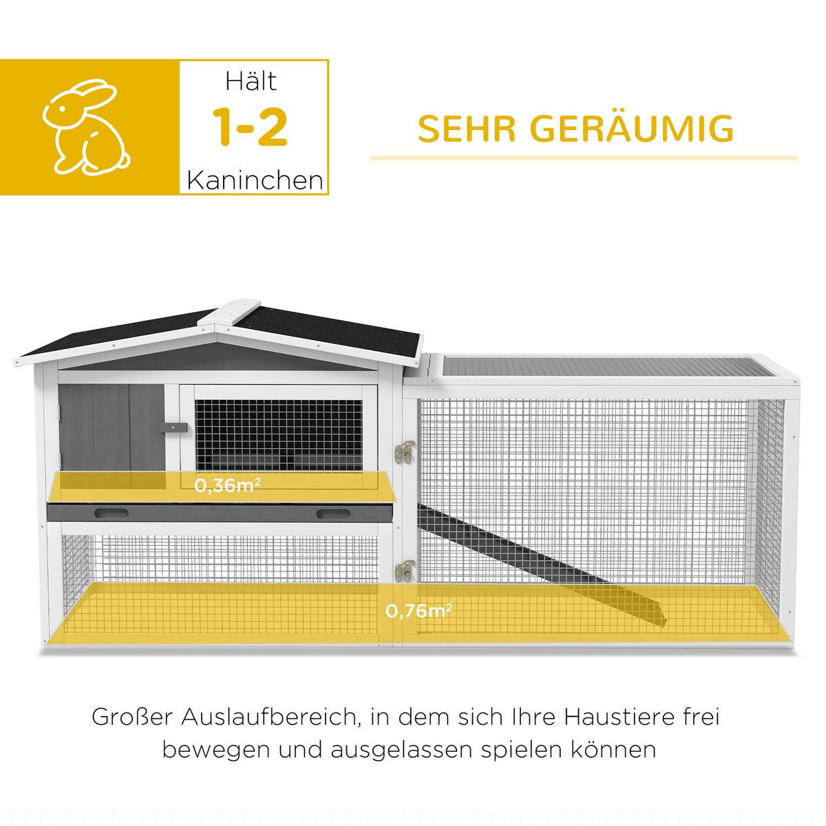 Rabbit hutch for dwarf rabbits, rabbit hutch with free-range enclosure, floor tray, ramp, small animal hutch made of wood, guinea pig enclosure with 2 floors, viewing window, 156x58x68 cm, light gray |