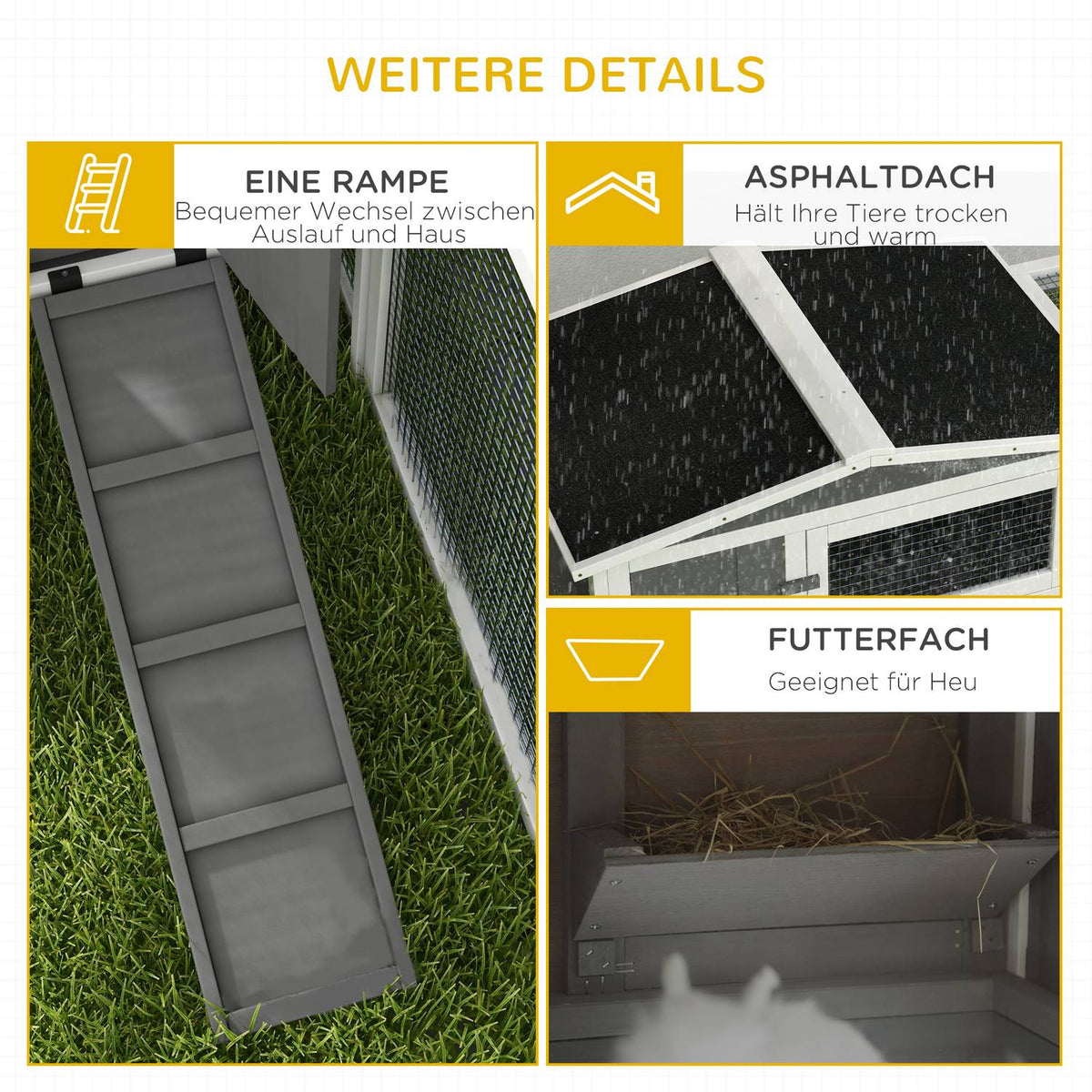 Rabbit hutch for dwarf rabbits, rabbit hutch with free-range enclosure, floor tray, ramp, small animal hutch made of wood, guinea pig enclosure with 2 floors, viewing window, 156x58x68 cm, light gray |