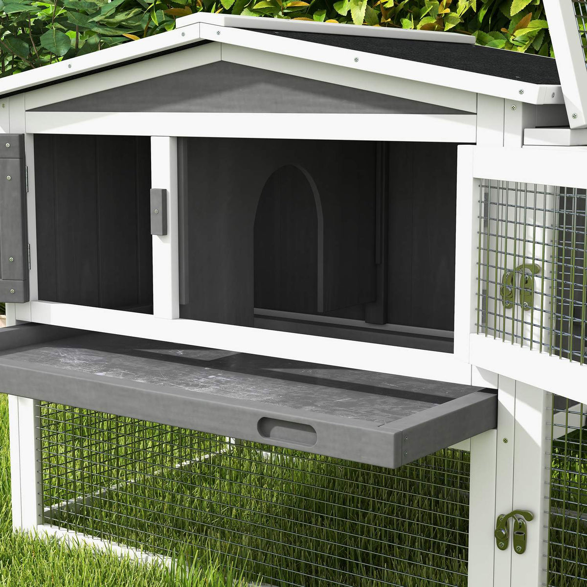 Rabbit hutch for dwarf rabbits, rabbit hutch with free-range enclosure, floor tray, ramp, small animal hutch made of wood, guinea pig enclosure with 2 floors, viewing window, 156x58x68 cm, light gray |