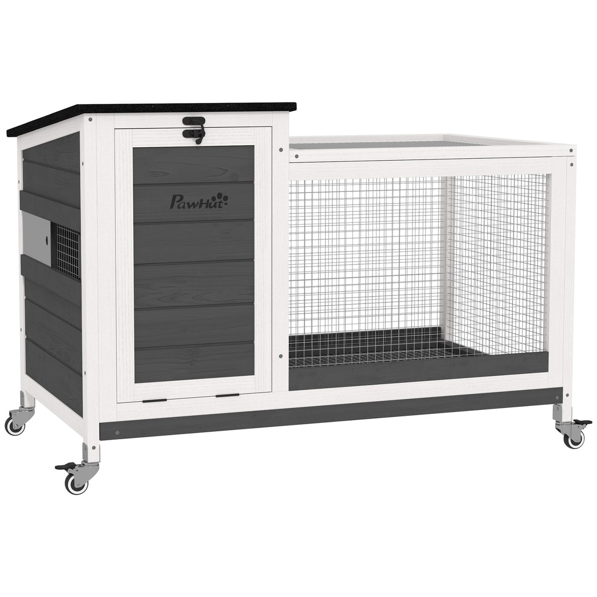 Rabbit hutch made of wood, rabbit hutch with outdoor run, wheels, folding roof, extendable tray, metal grid, winterproof, guinea pig hutch, rabbit cage for indoors, outdoors, 92 x 52 x 67 cm, dark gray