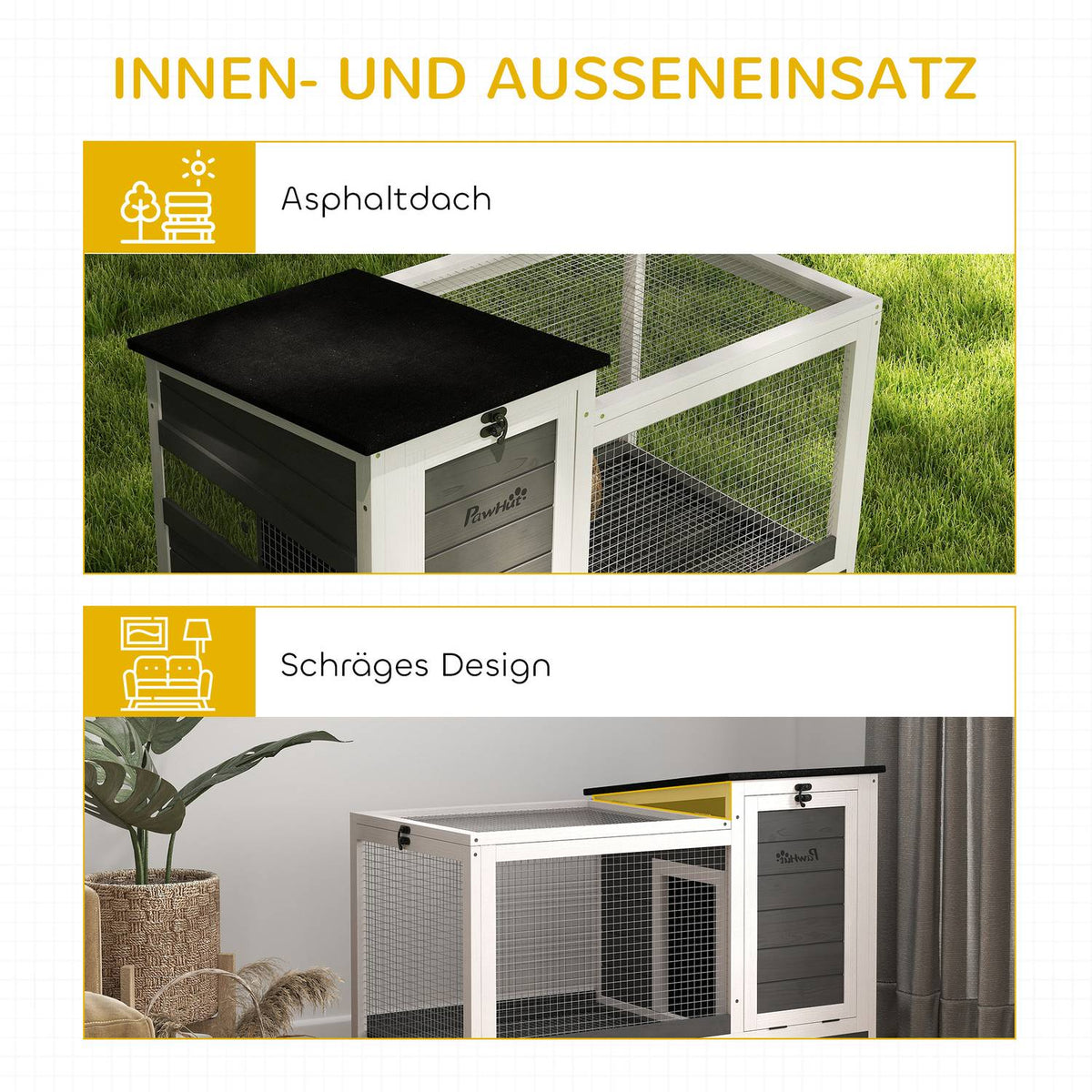 Rabbit hutch made of wood, rabbit hutch with outdoor run, wheels, folding roof, extendable tray, metal grid, winterproof, guinea pig hutch, rabbit cage for indoors, outdoors, 92 x 52 x 67 cm, dark gray