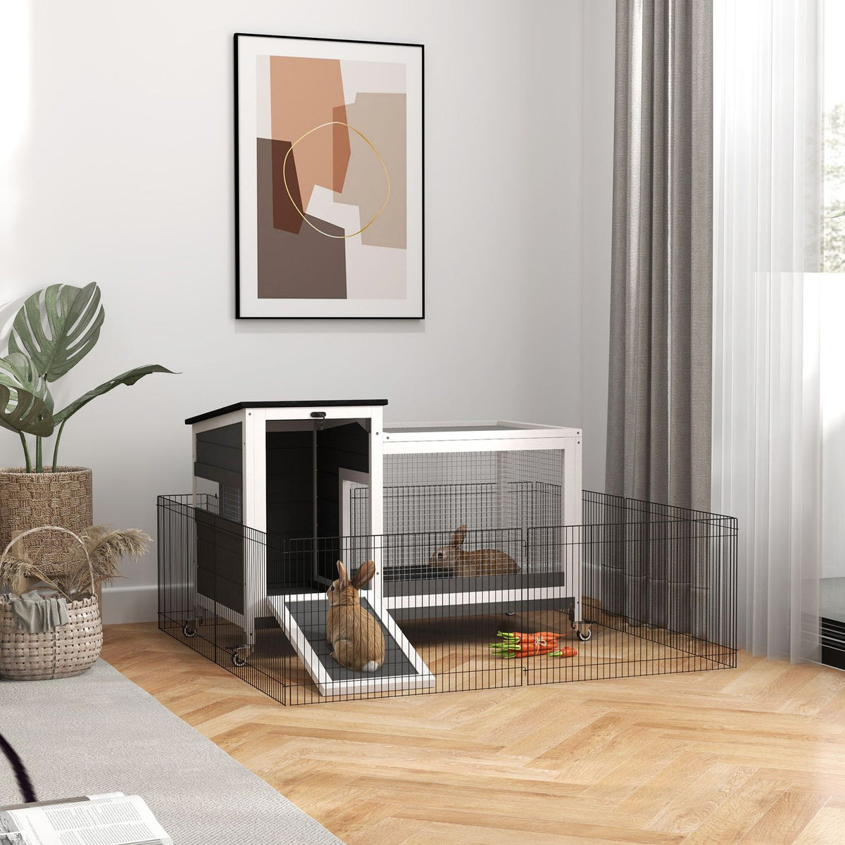 Rabbit hutch made of wood, rabbit hutch with outdoor run, wheels, folding roof, extendable tray, metal grid, winterproof, guinea pig hutch, rabbit cage for indoors, outdoors, 92 x 52 x 67 cm, dark gray