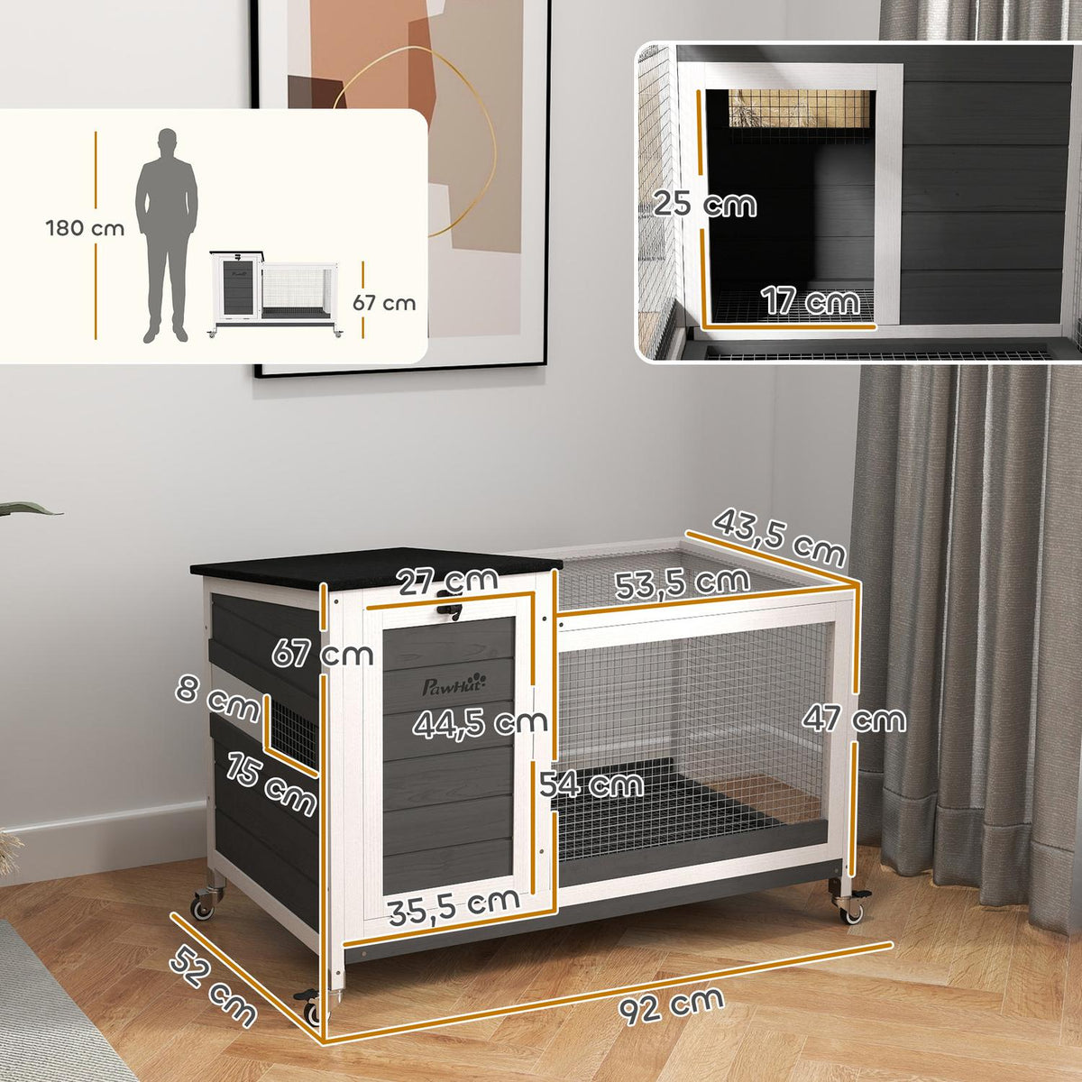 Rabbit hutch made of wood, rabbit hutch with outdoor run, wheels, folding roof, extendable tray, metal grid, winterproof, guinea pig hutch, rabbit cage for indoors, outdoors, 92 x 52 x 67 cm, dark gray