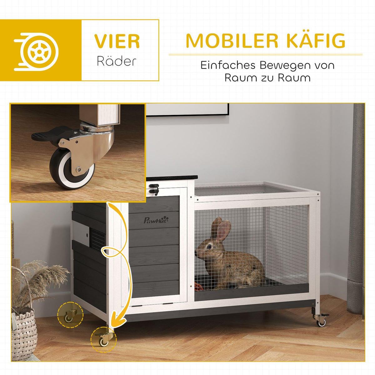 Rabbit hutch made of wood, rabbit hutch with outdoor run, wheels, folding roof, extendable tray, metal grid, winterproof, guinea pig hutch, rabbit cage for indoors, outdoors, 92 x 52 x 67 cm, dark gray