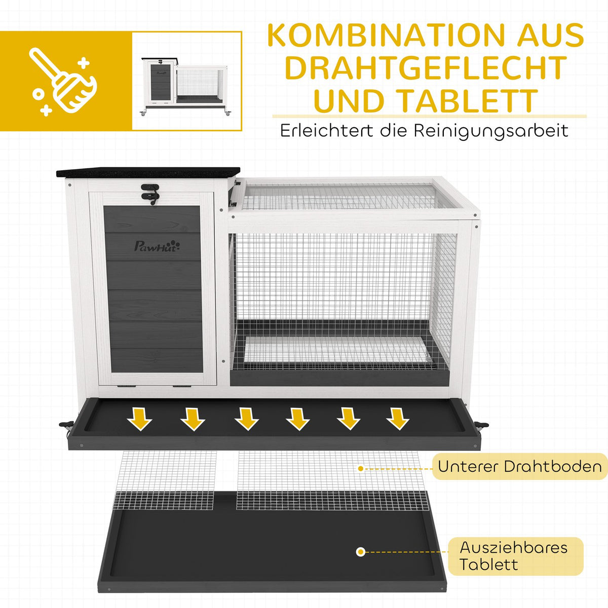 Rabbit hutch made of wood, rabbit hutch with outdoor run, wheels, folding roof, extendable tray, metal grid, winterproof, guinea pig hutch, rabbit cage for indoors, outdoors, 92 x 52 x 67 cm, dark gray