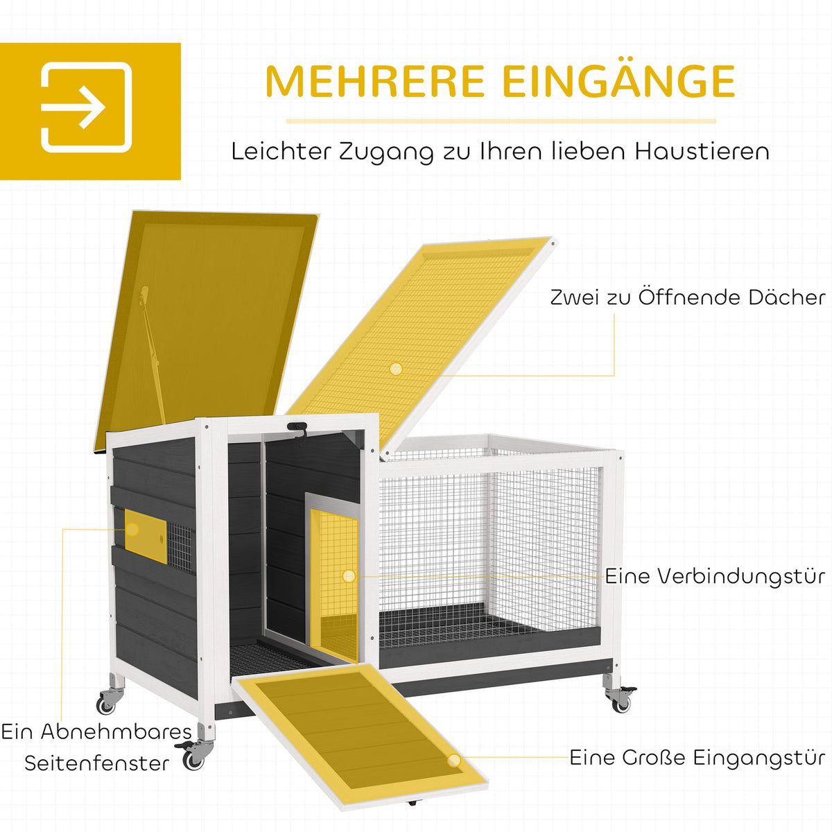 Rabbit hutch made of wood, rabbit hutch with outdoor run, wheels, folding roof, extendable tray, metal grid, winterproof, guinea pig hutch, rabbit cage for indoors, outdoors, 92 x 52 x 67 cm, dark gray