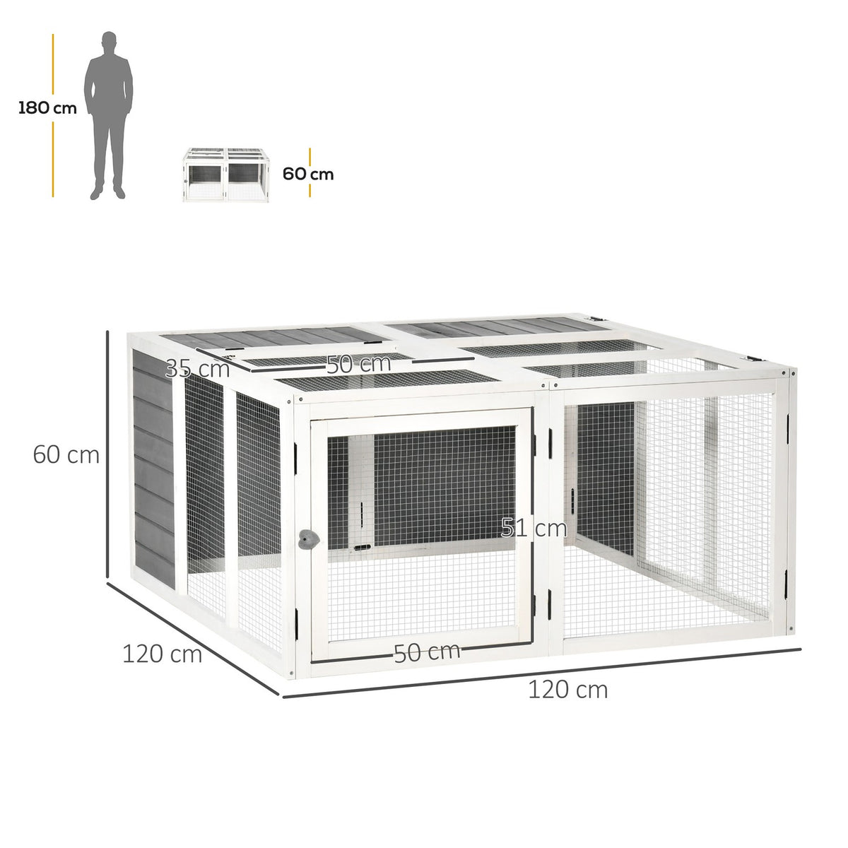 Rabbit hutch with free-range enclosure, rabbit cage, small animal enclosure, hinged roof, raised floor, fir wood, 120 x 120 x 60 cm
