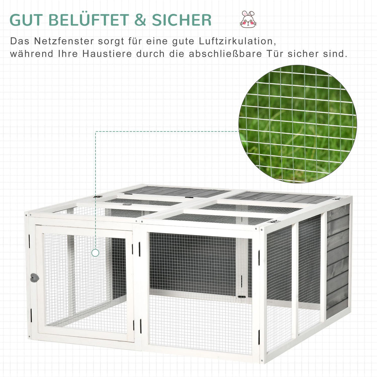 Rabbit hutch with free-range enclosure, rabbit cage, small animal enclosure, hinged roof, raised floor, fir wood, 120 x 120 x 60 cm