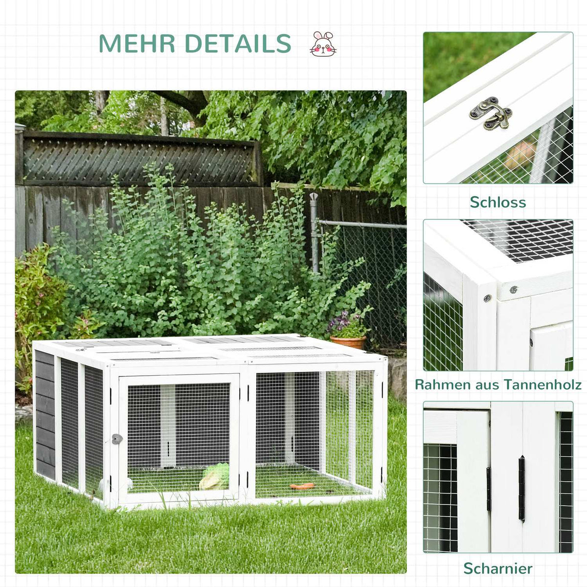 Rabbit hutch with free-range enclosure, rabbit cage, small animal enclosure, hinged roof, raised floor, fir wood, 120 x 120 x 60 cm
