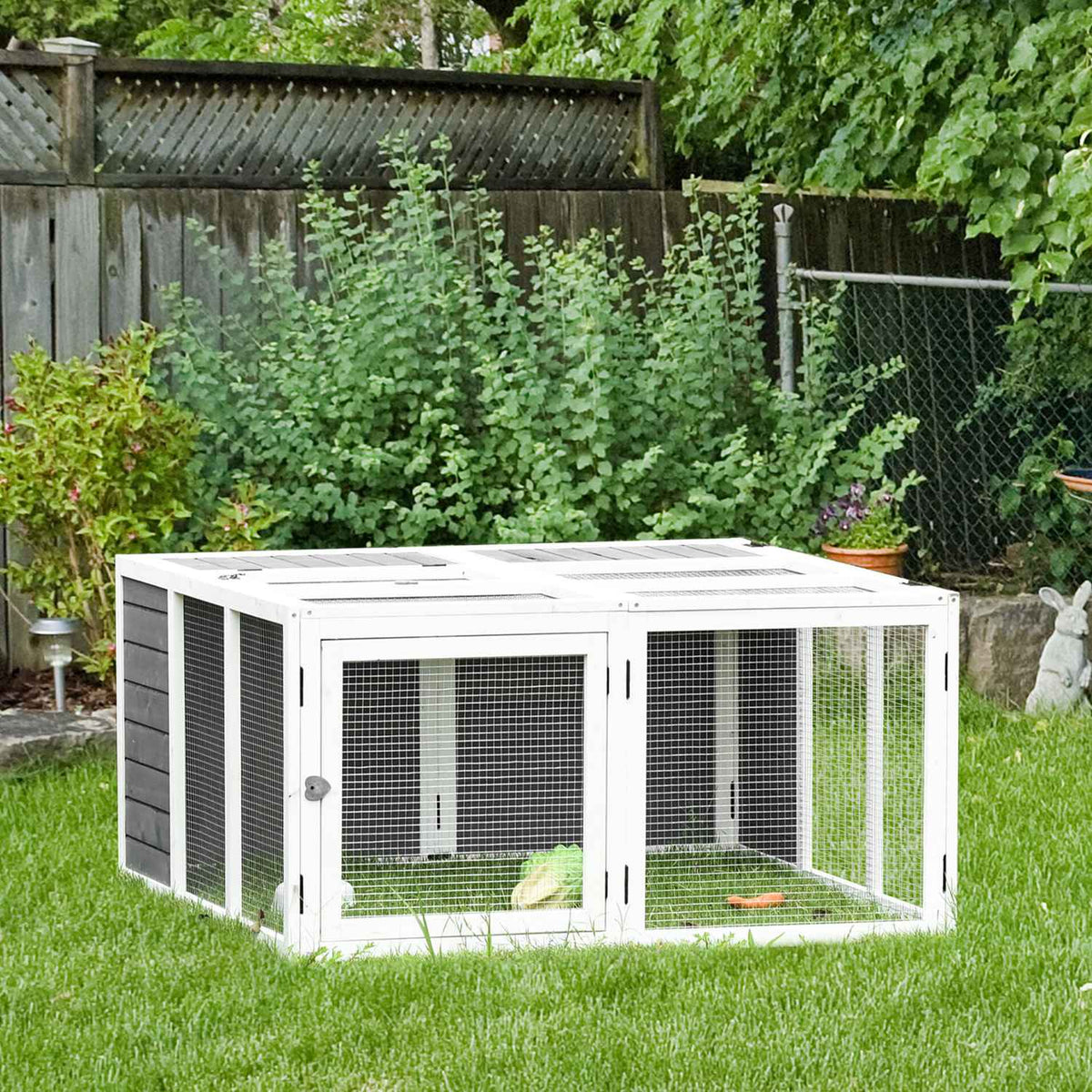 Rabbit hutch with free-range enclosure, rabbit cage, small animal enclosure, hinged roof, raised floor, fir wood, 120 x 120 x 60 cm