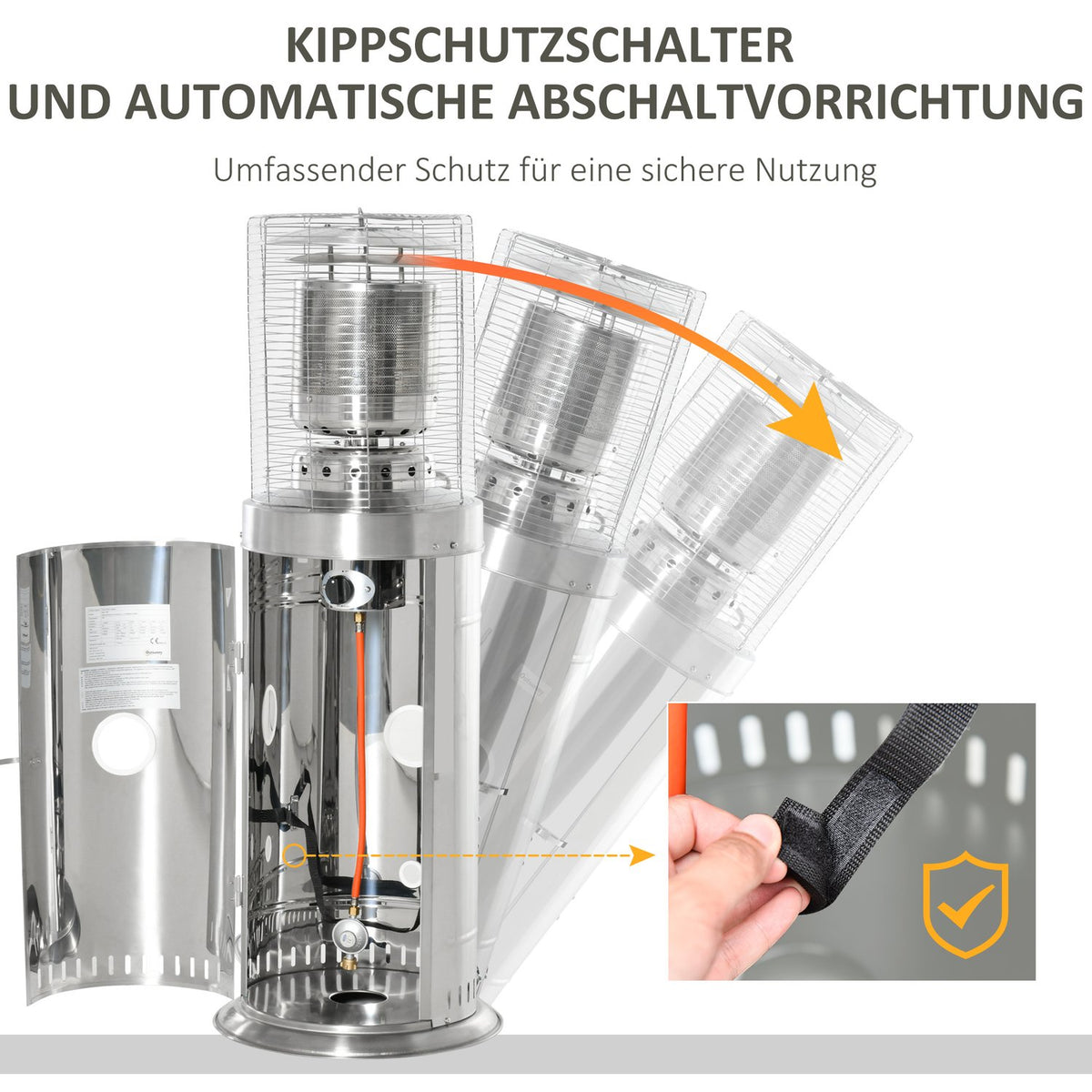 Radiant patio heater 10KW rollable with handle & wheels, rotary knob, stainless steel silver Ø55.6 x 143 cm for garden & terrace