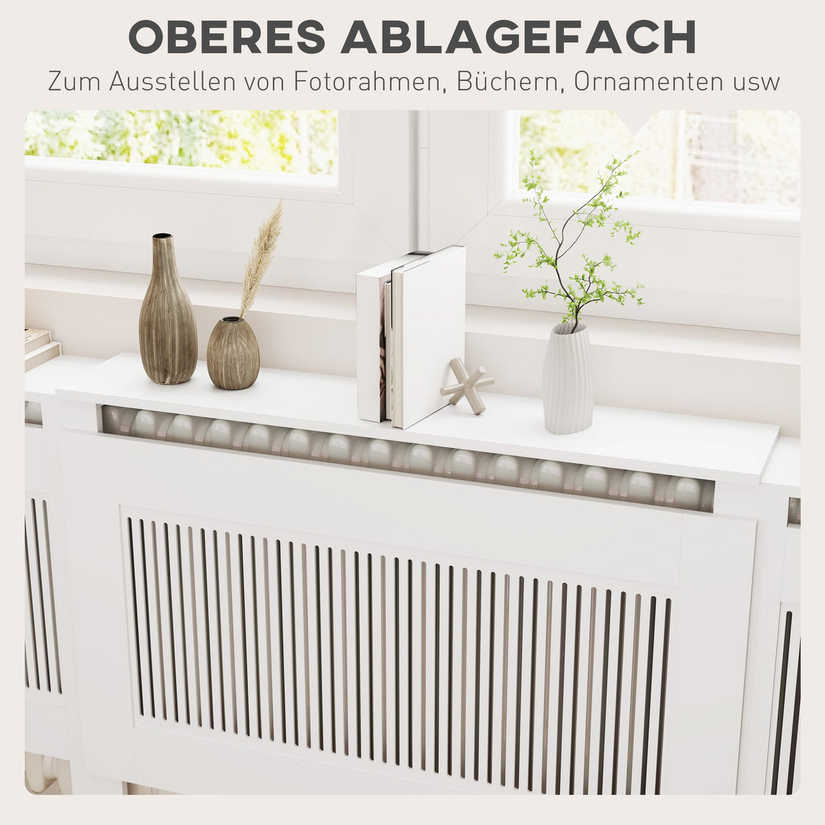 Radiator cover extendable radiator cover with shelf, slats, heating cover heating cover radiator cover 125-201 x 19 x 81.5 cm white
