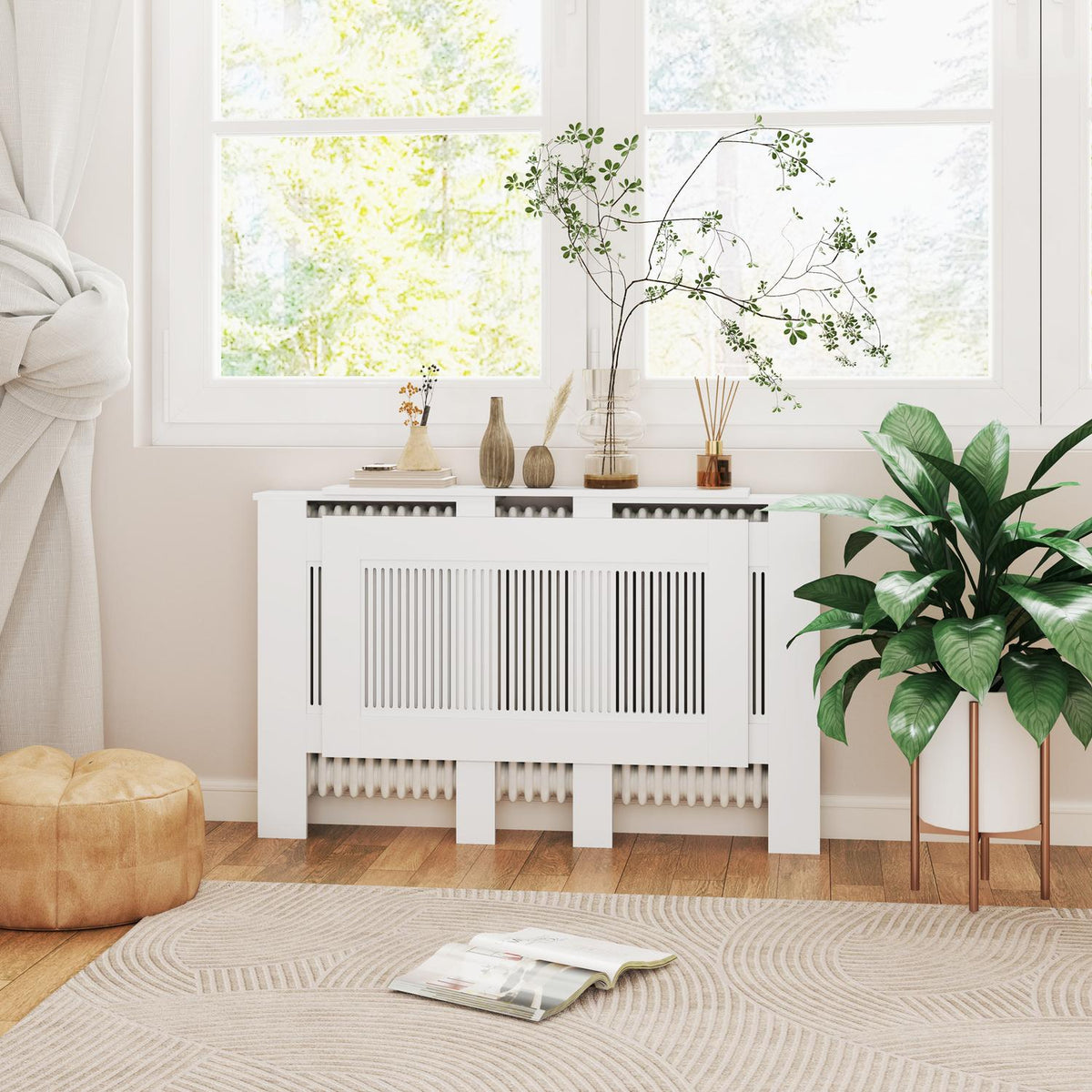 Radiator cover extendable radiator cover with shelf, slats, heating cover heating cover radiator cover 125-201 x 19 x 81.5 cm white