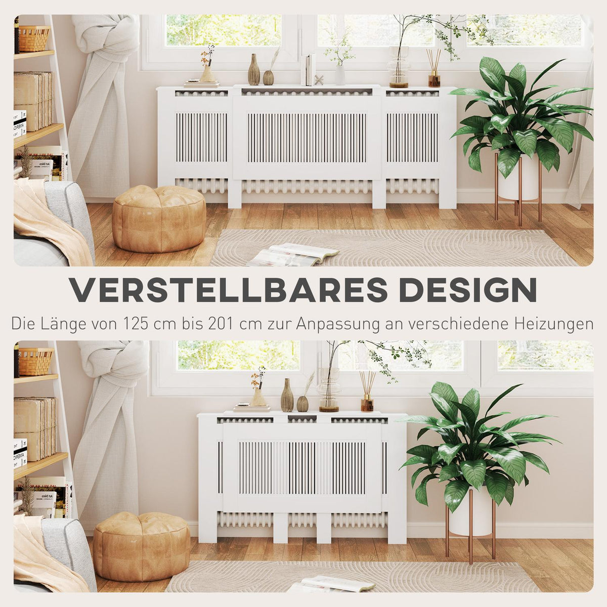 Radiator cover extendable radiator cover with shelf, slats, heating cover heating cover radiator cover 125-201 x 19 x 81.5 cm white