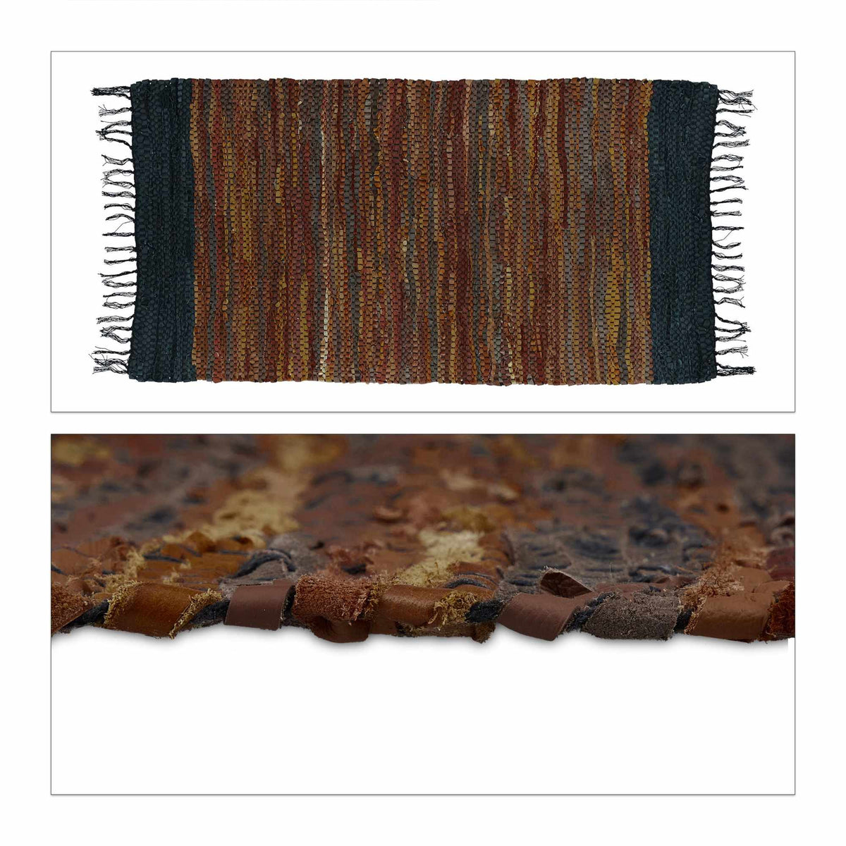 Rag rug in leather and cotton