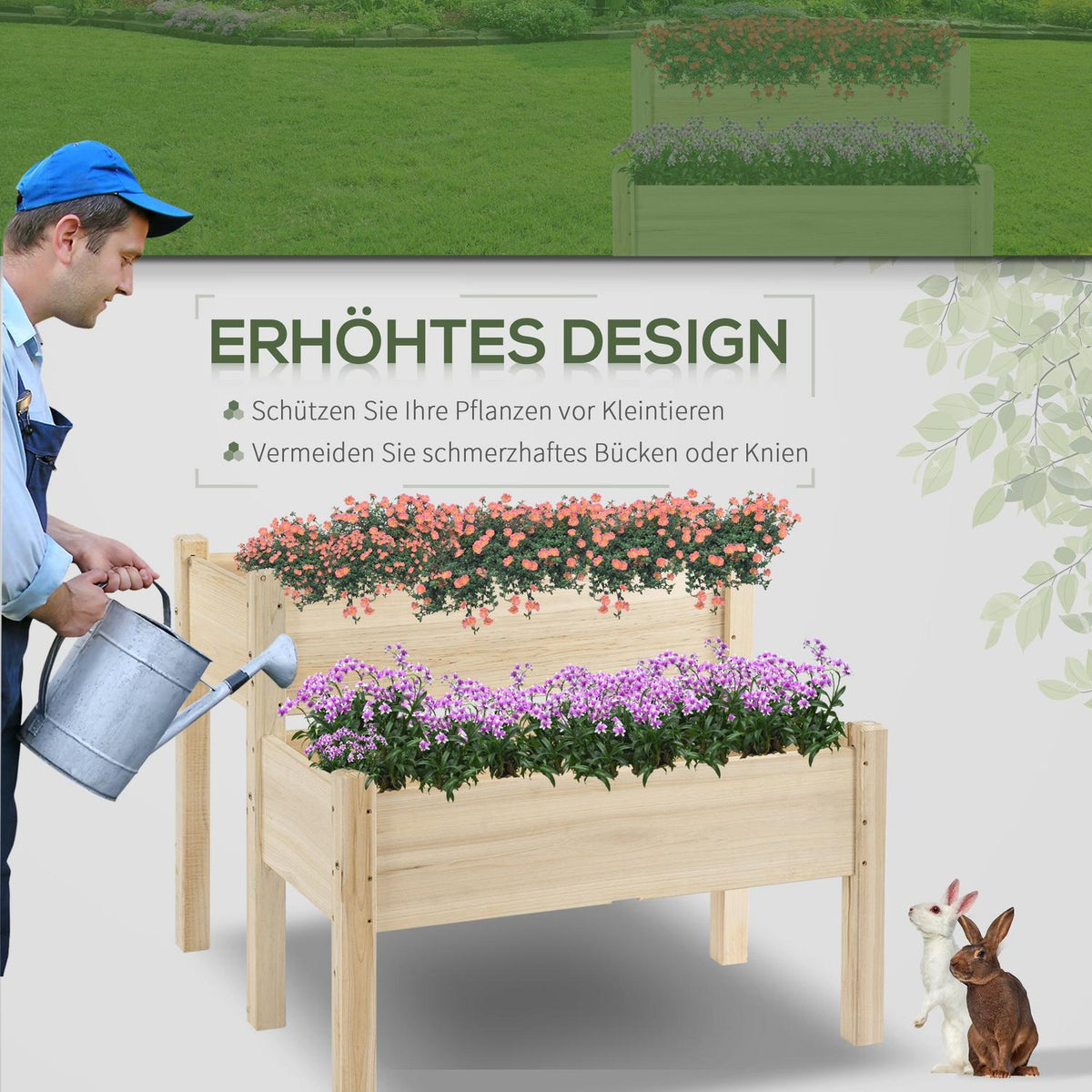 Raised Bed 2 Tier Cold Frame Herb Bed Made Of Solid Wood With 8 Drainage Holes, Natural, 86X85X72Cm
