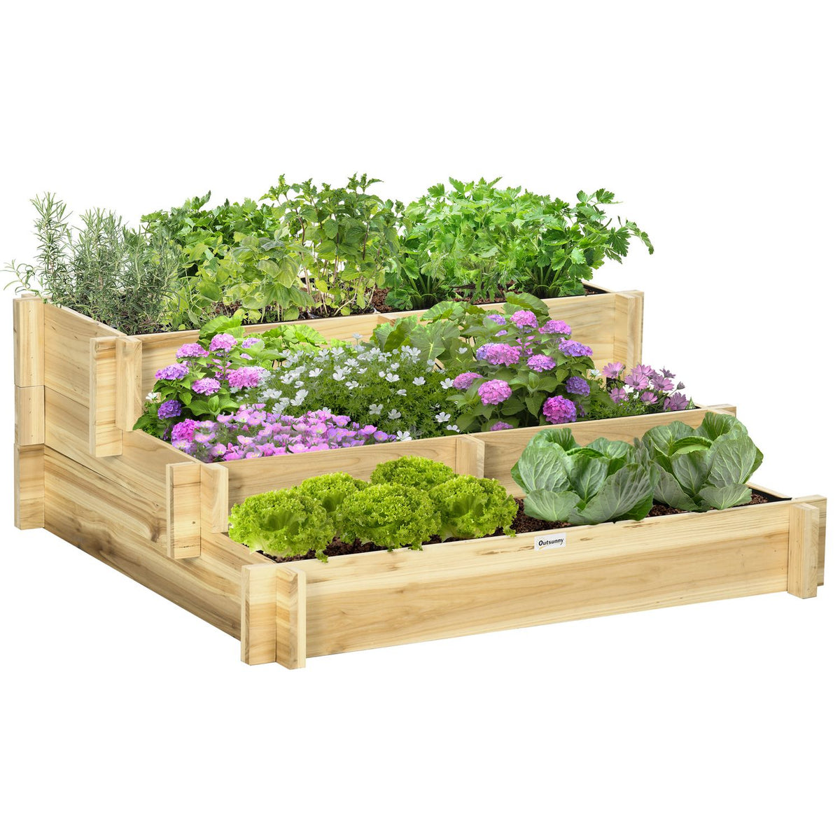 Raised Bed 3 Tier Flower Box Plant Bed With Fabric Lining Herb Bed Flower Stairs For Balcony Garden Wood Natural 93 X 93 X 35 Cm