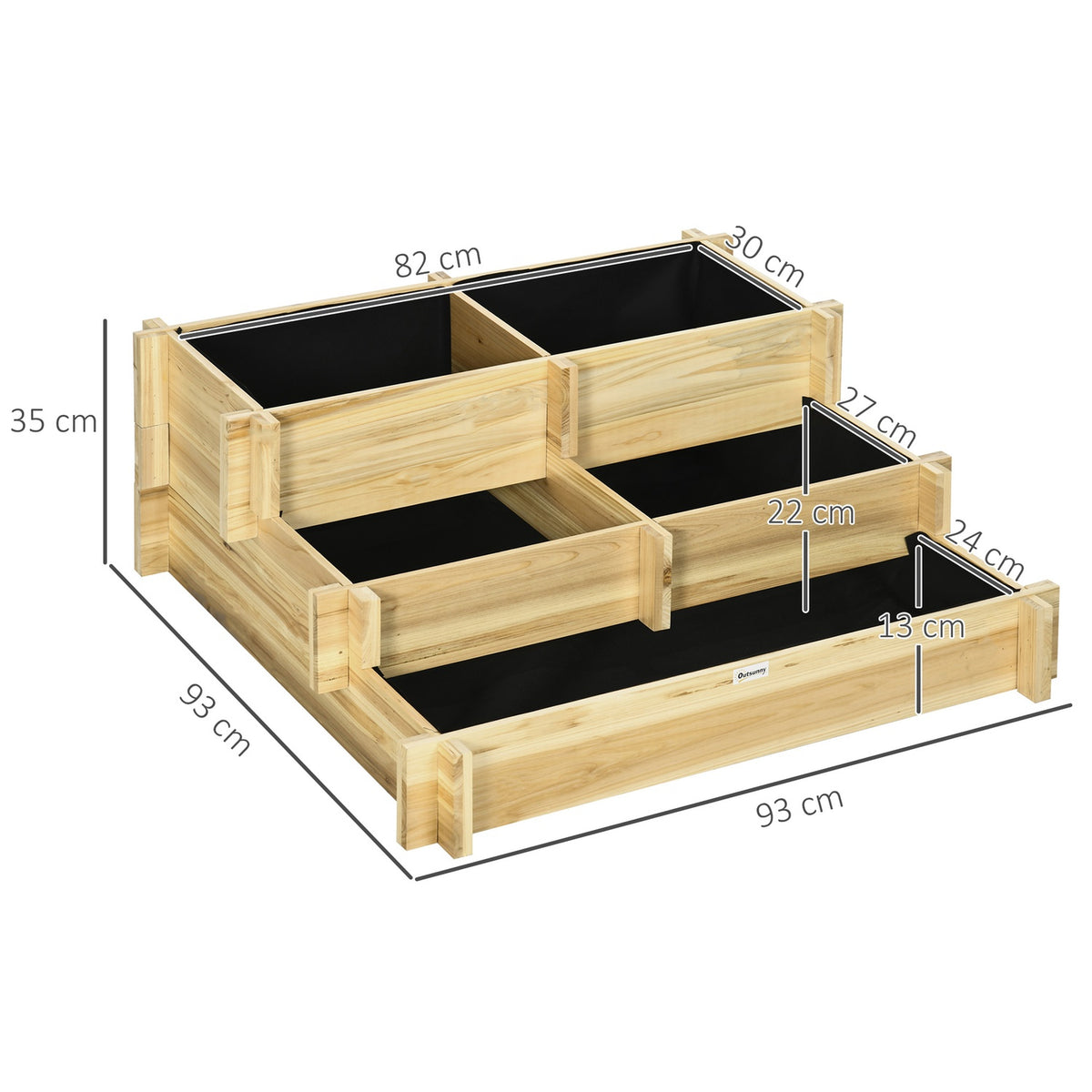 Raised Bed 3 Tier Flower Box Plant Bed With Fabric Lining Herb Bed Flower Stairs For Balcony Garden Wood Natural 93 X 93 X 35 Cm