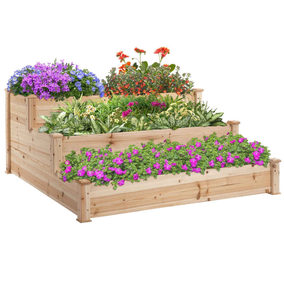 Raised Bed 3-Tier Garden Bed Plant Bed Herb Bed Flower Stairs For Balcony Garden Natural Fir Wood 124 X 124 X 56 Cm